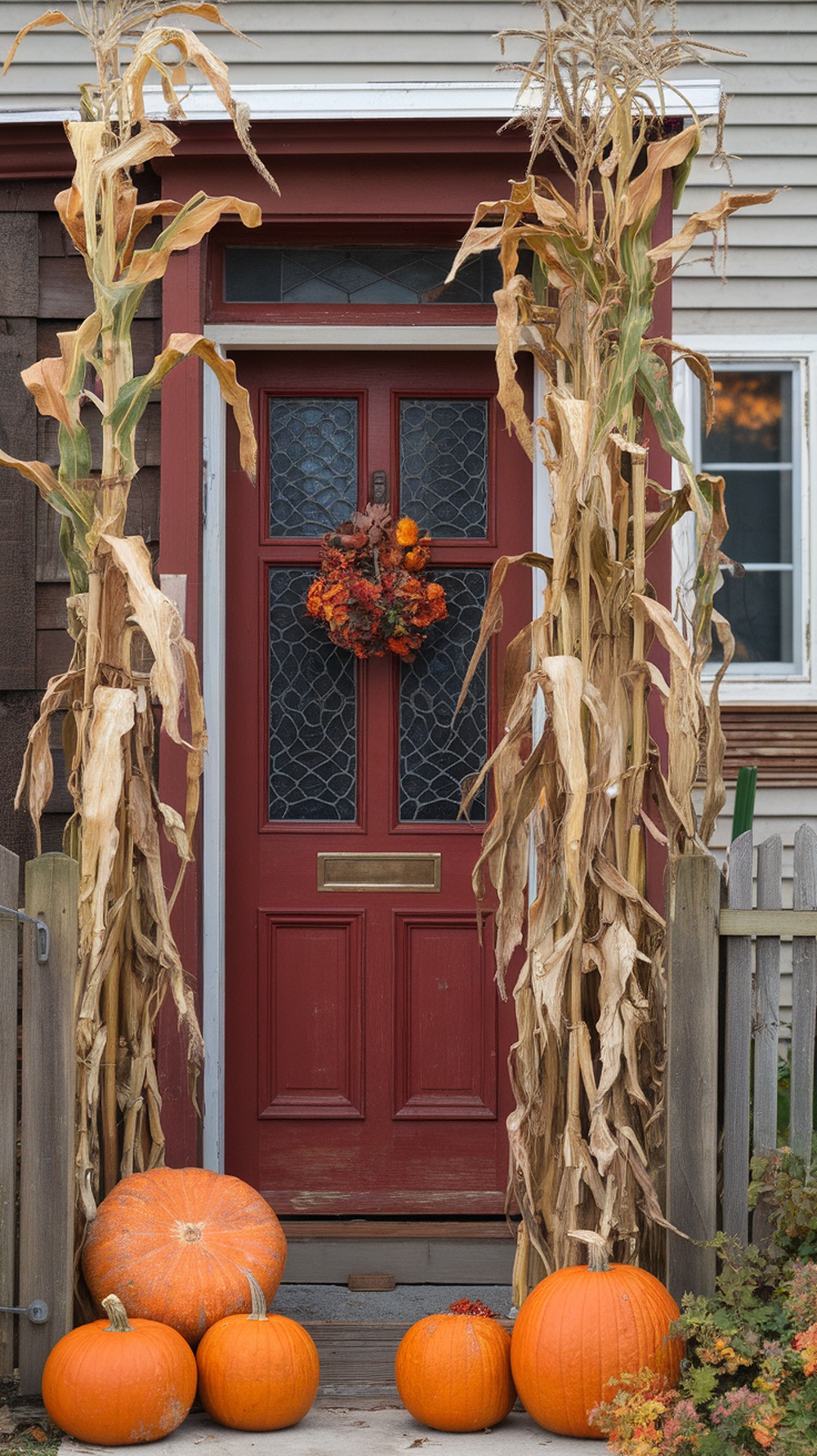 Decorative cornstalks flanking a red front door with pumpkins at the base