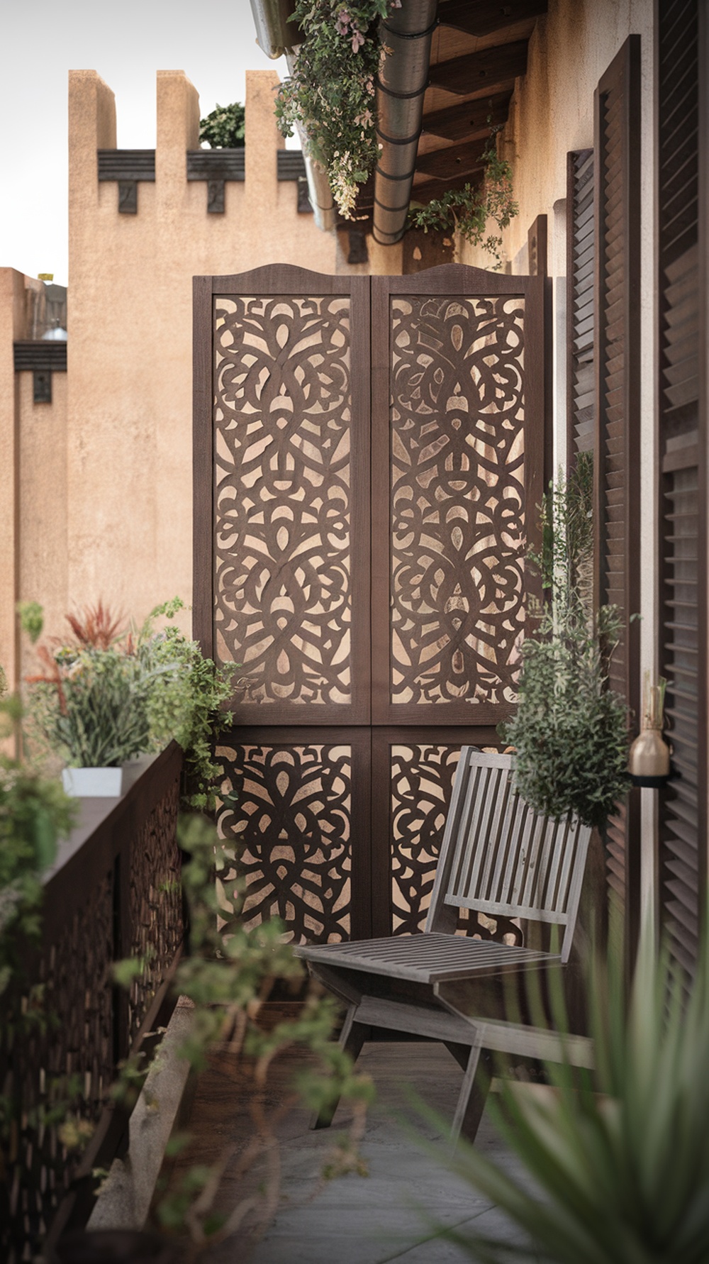 Decorative privacy screen on a balcony with intricate patterns and surrounding plants.