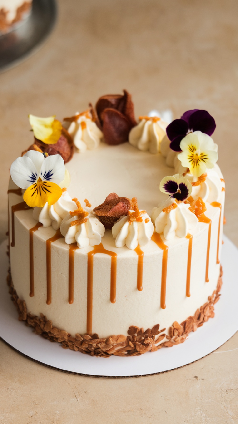 A beautifully decorated pumpkin spice cake with whipped cream, caramel drizzle, and edible flowers.