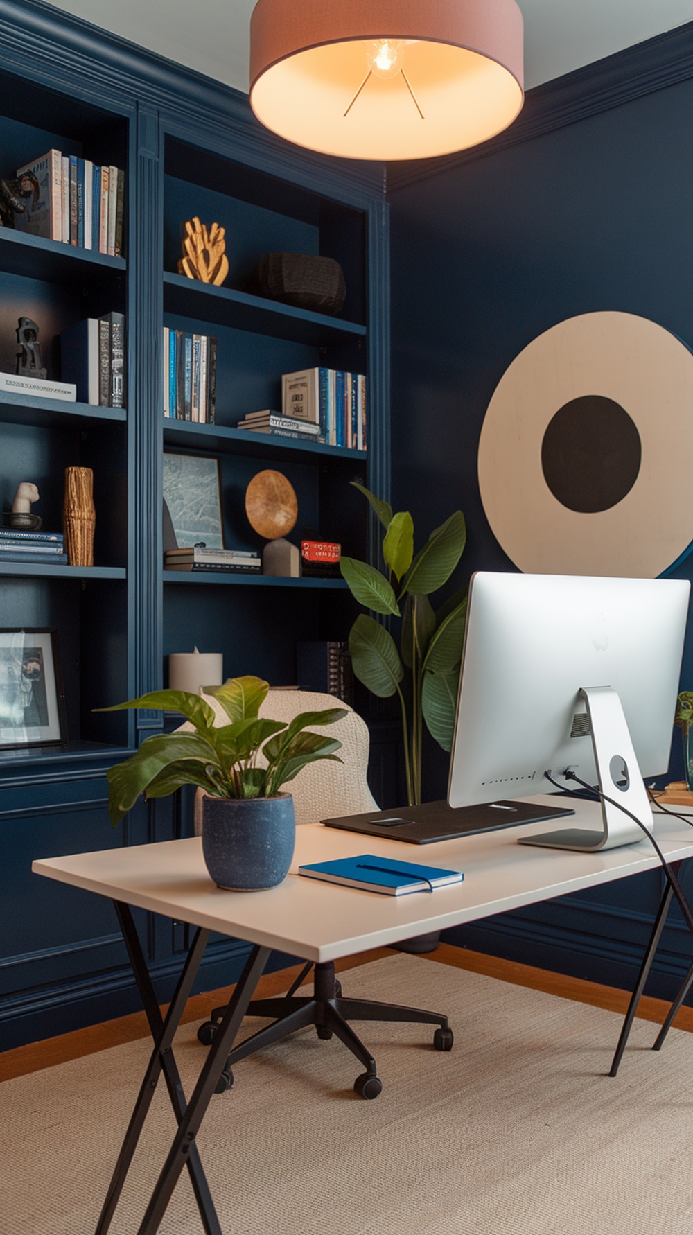 A cozy home office with deep navy blue walls, a white desk, and a plant.
