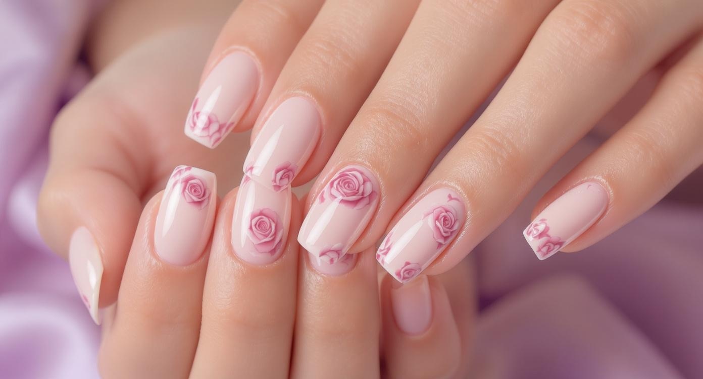 Nail design featuring delicate rose petals on a nude base