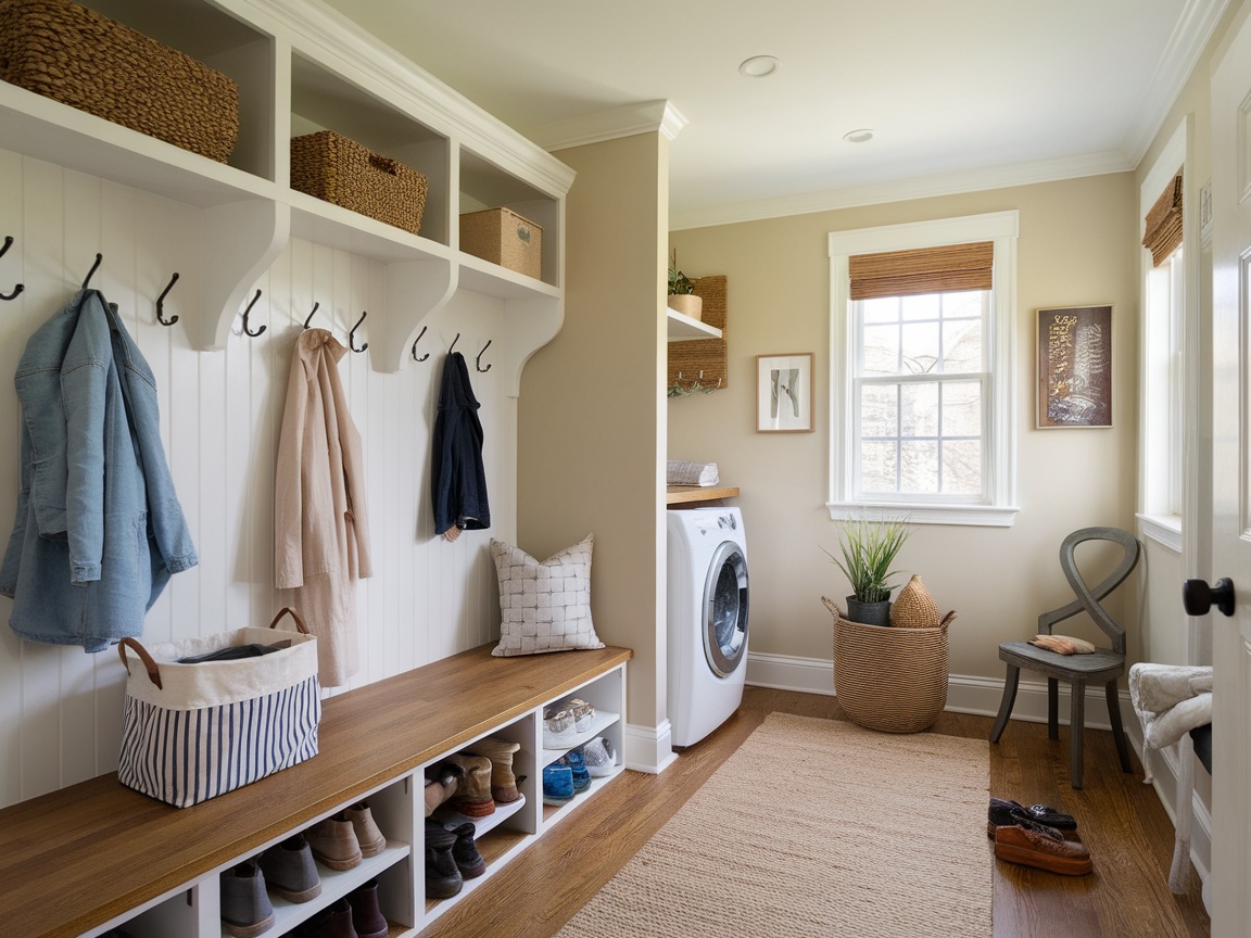 A stylish mudroom-laundry combo featuring a washer, open shelving, hooks for jackets, and a wooden bench.