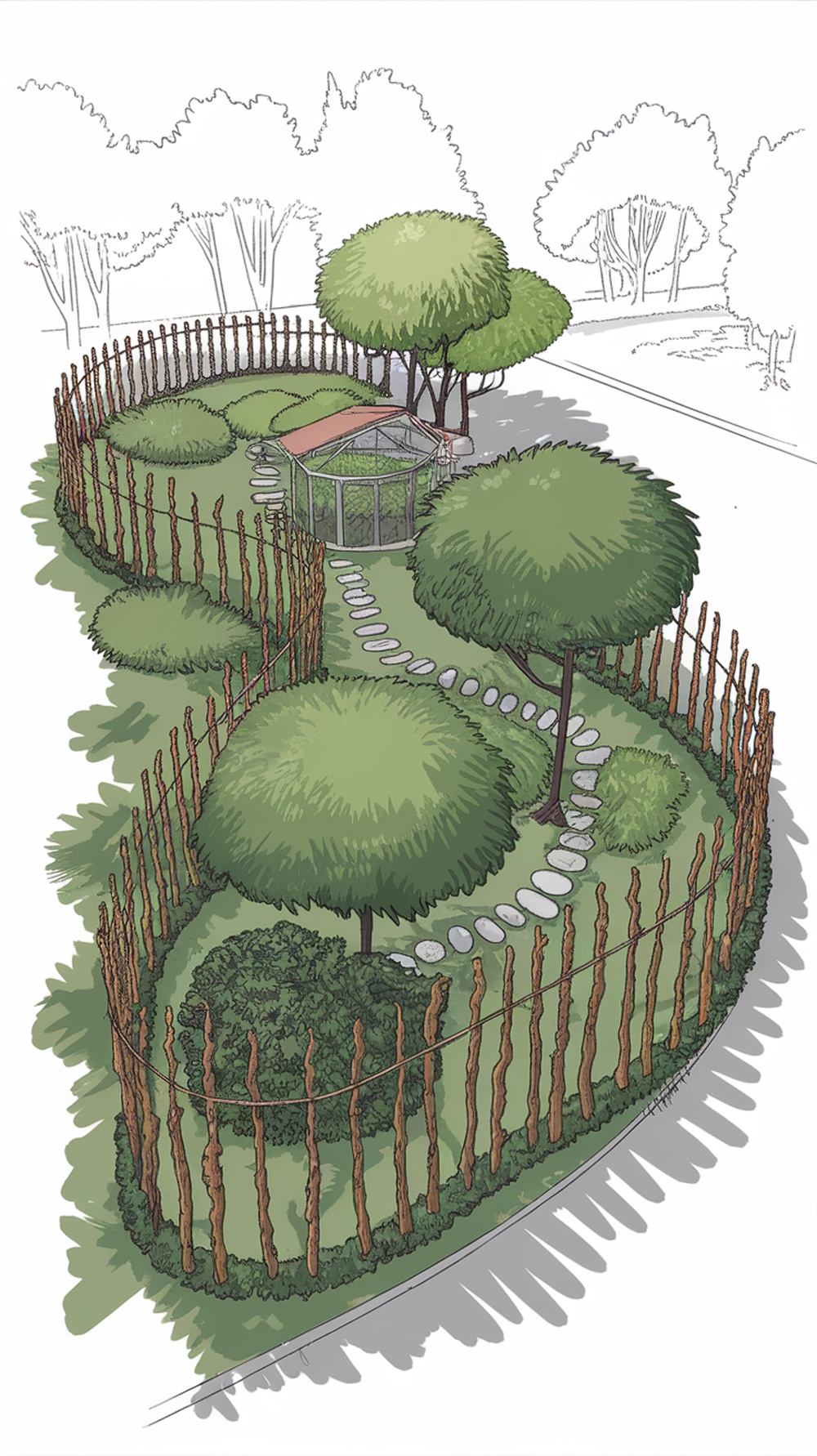 Illustration of a living fence layout with a winding path, trees, and a natural fence.
