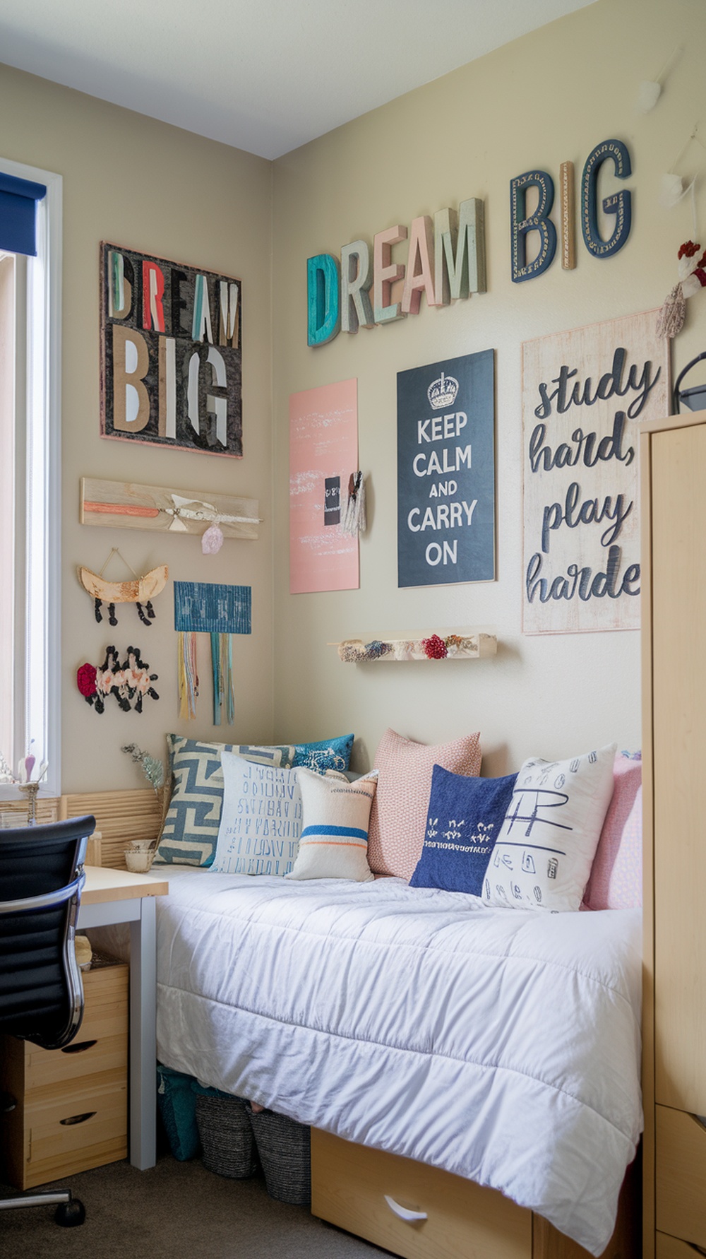 A cozy dorm room corner with colorful pillows, motivational wall art, and a neat desk area.