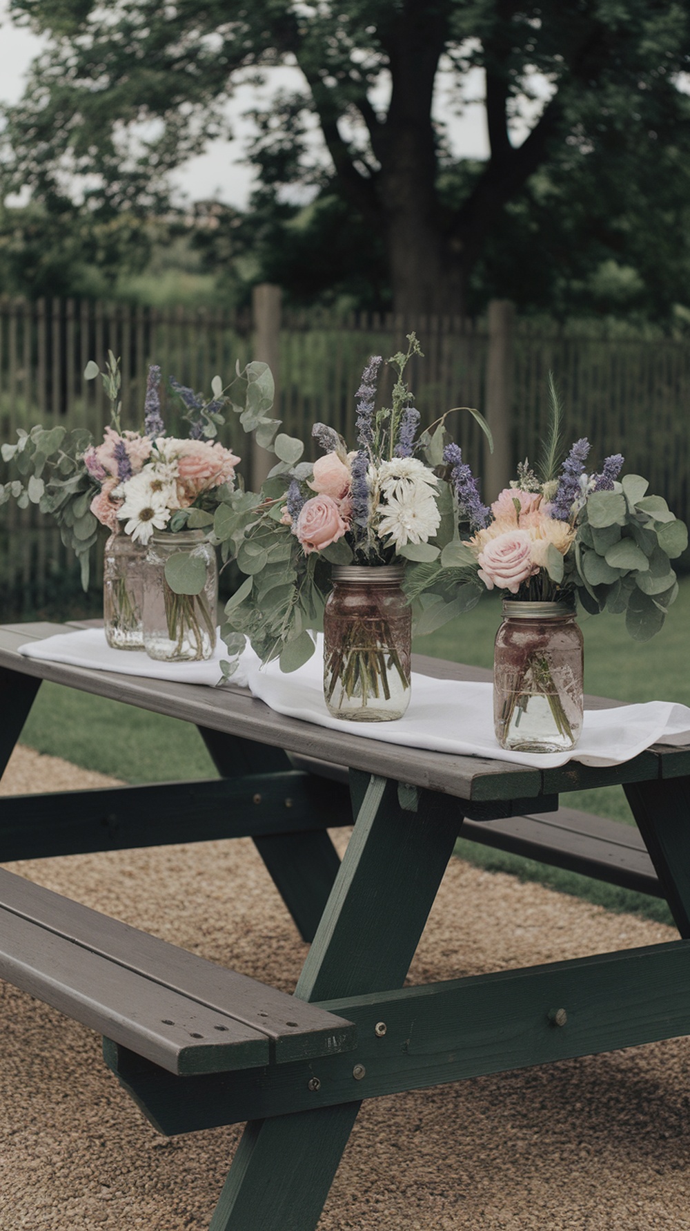 Mason jars with floral arrangements on a picnic table