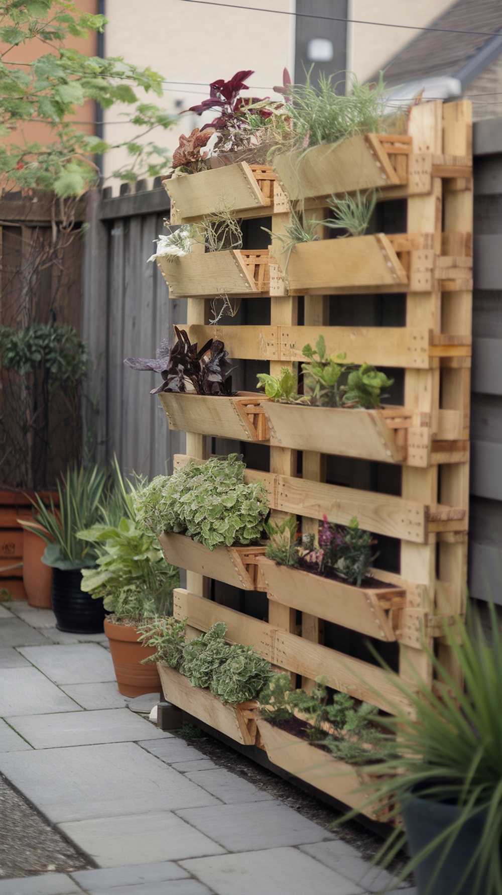 A wooden pallet vertical garden with various plants, including succulents and ferns, showcasing a compact gardening solution.