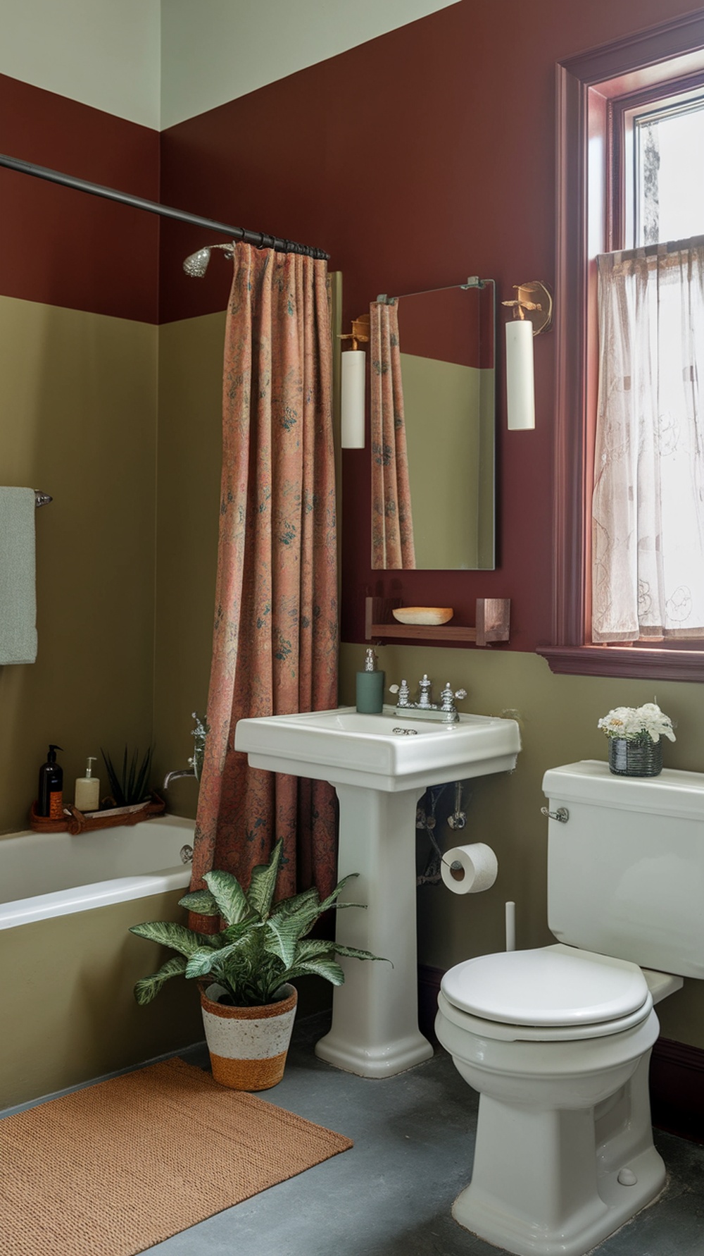 A bathroom featuring an earthy color palette with burgundy, olive green, and light blue walls, complemented by natural elements.