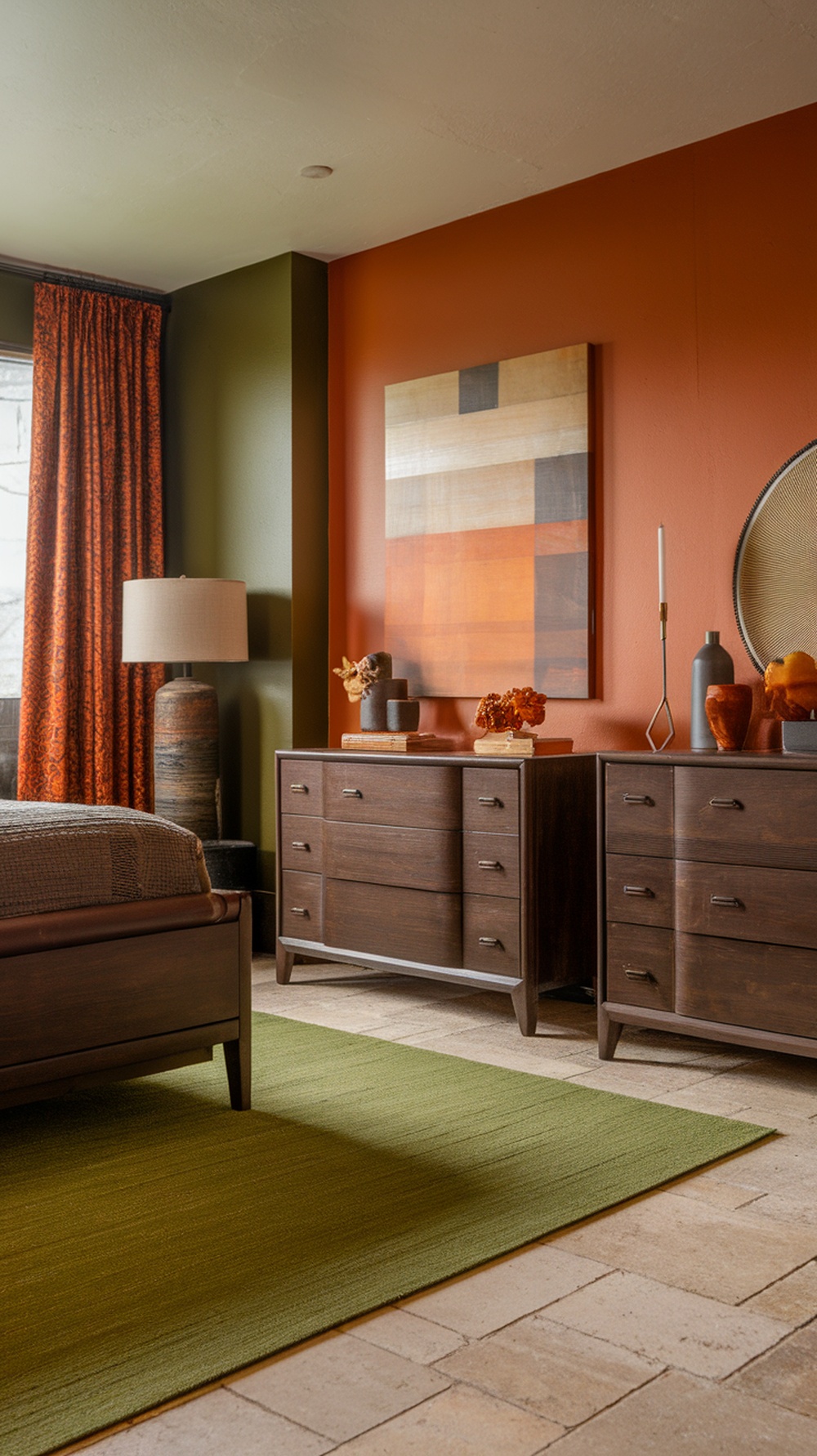 A cozy fall bedroom featuring an earthy color palette with warm orange walls, dark green accents, and wooden furniture.