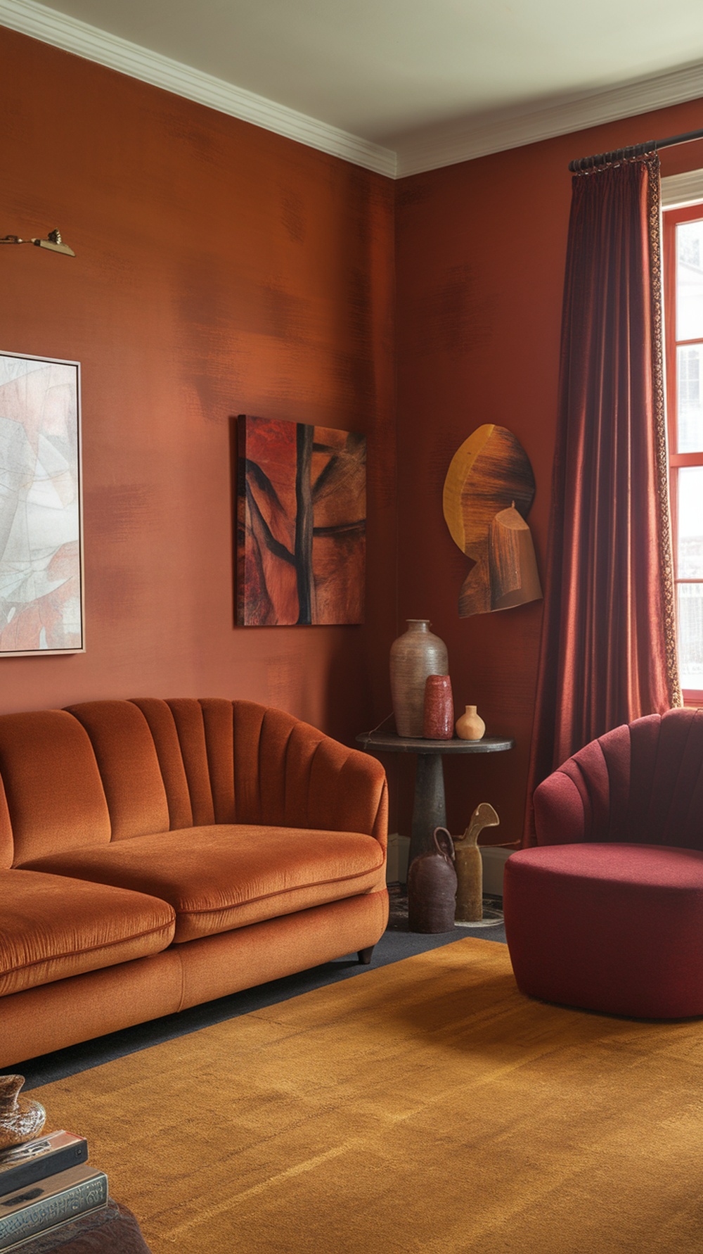 A cozy living room with earthy tones, featuring an orange sofa, burgundy chair, and warm wall colors.