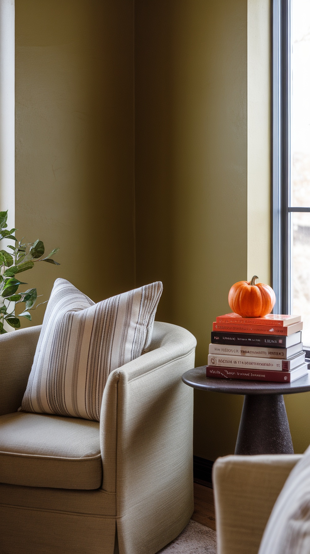 Cozy indoor corner with olive green walls, a light-colored chair, and a small pumpkin on a stack of books.