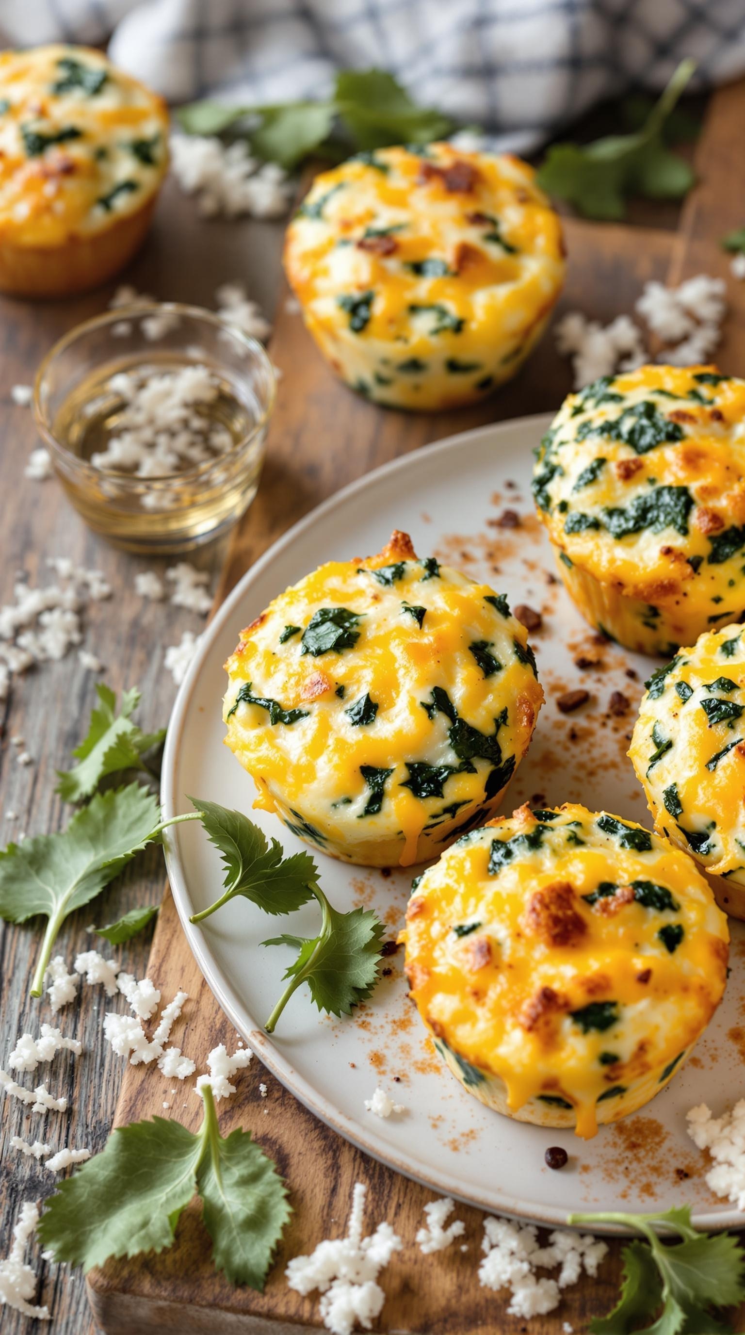 Egg muffins with spinach and cheese on a plate, garnished with fresh herbs.