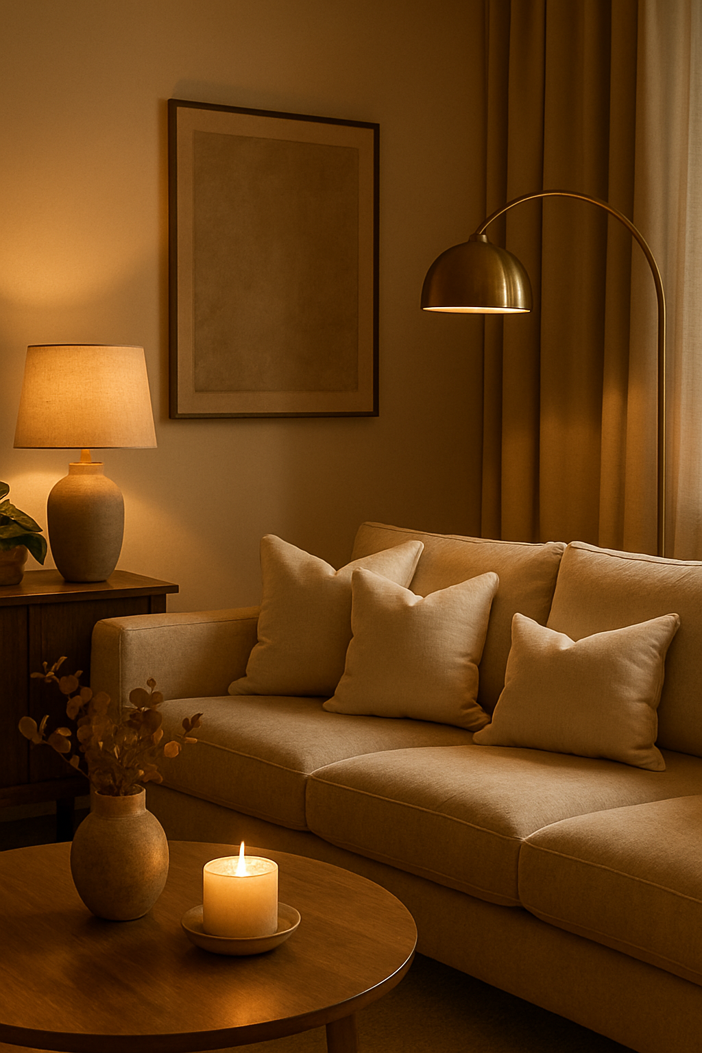 Cozy living room with cream pillows on a sofa, warm lighting, and a candle on a table.