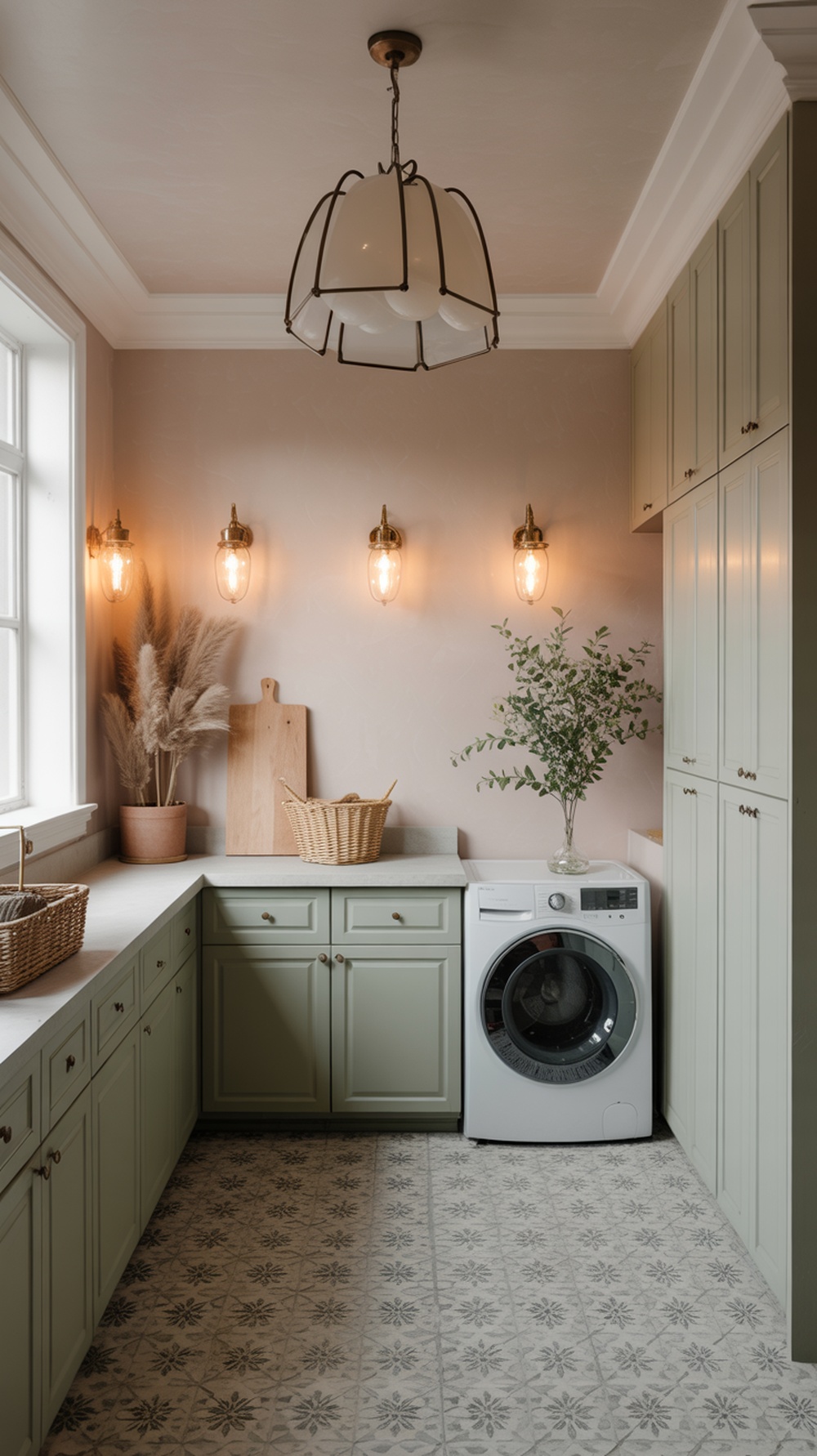 A stylish laundry room featuring a central pendant light and wall sconces, with green cabinetry and a cozy atmosphere.