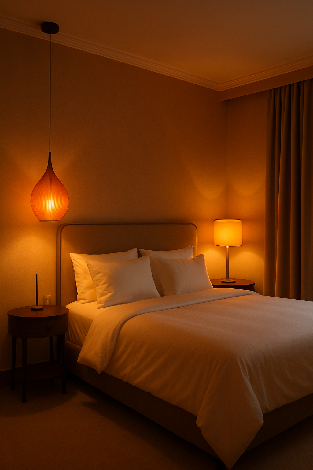 Cozy bedroom with orange lighting fixtures