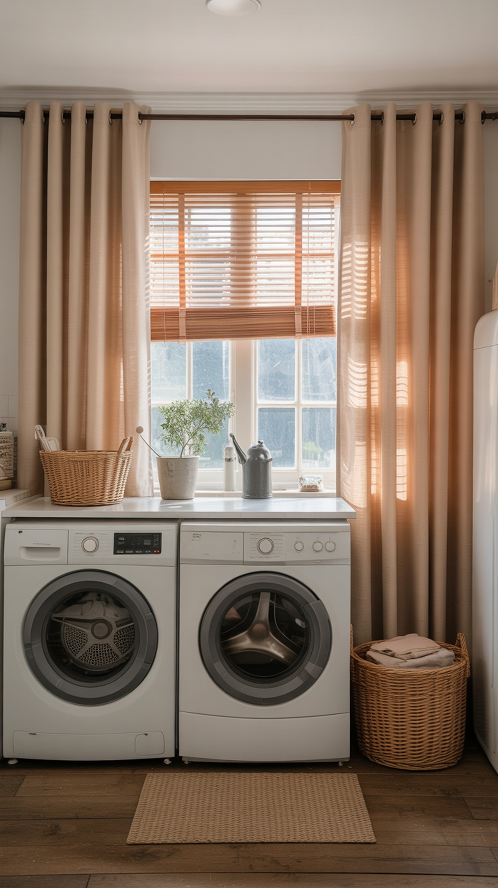 A stylish laundry room with soft curtains and wooden blinds framing a window.