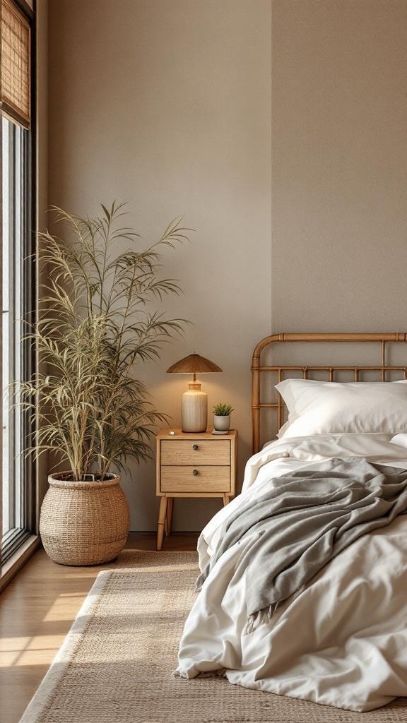 A cozy bedroom featuring a bamboo bed, natural materials, and a warm atmosphere.