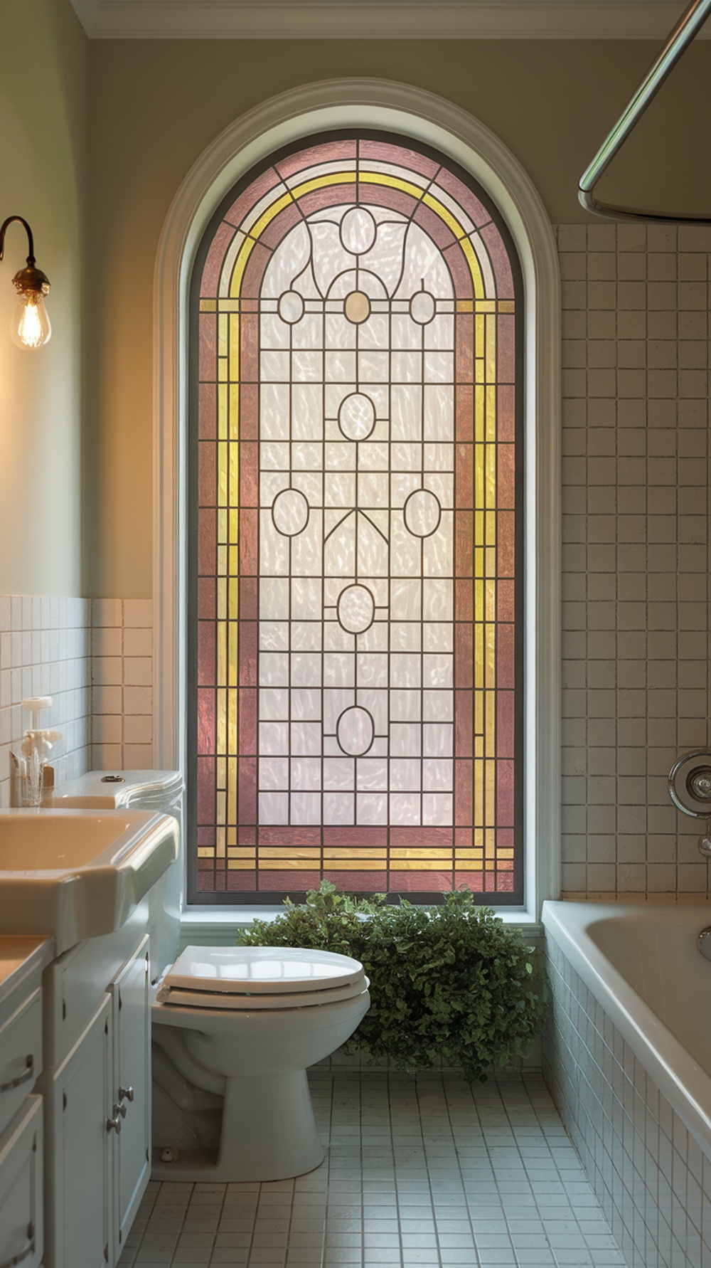 A bathroom with a stained glass window film, providing privacy and style.