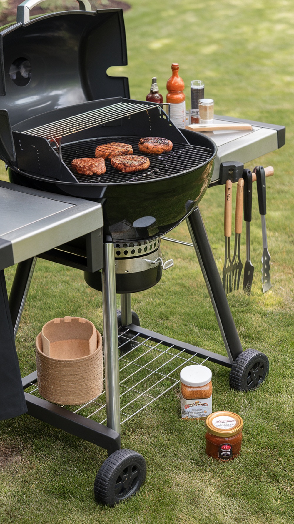 A backyard grill station with a charcoal grill, cooking tools, and condiments.