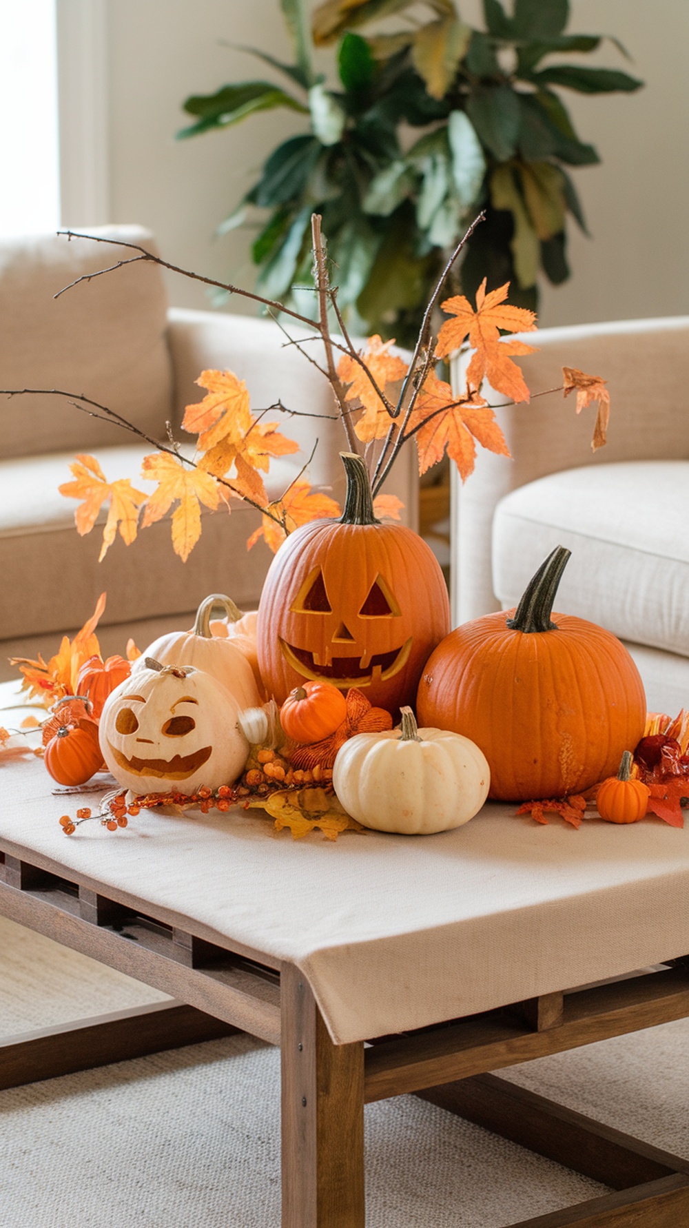 A cozy fall-themed coffee table centerpiece with pumpkins, autumn leaves, and decorative items.
