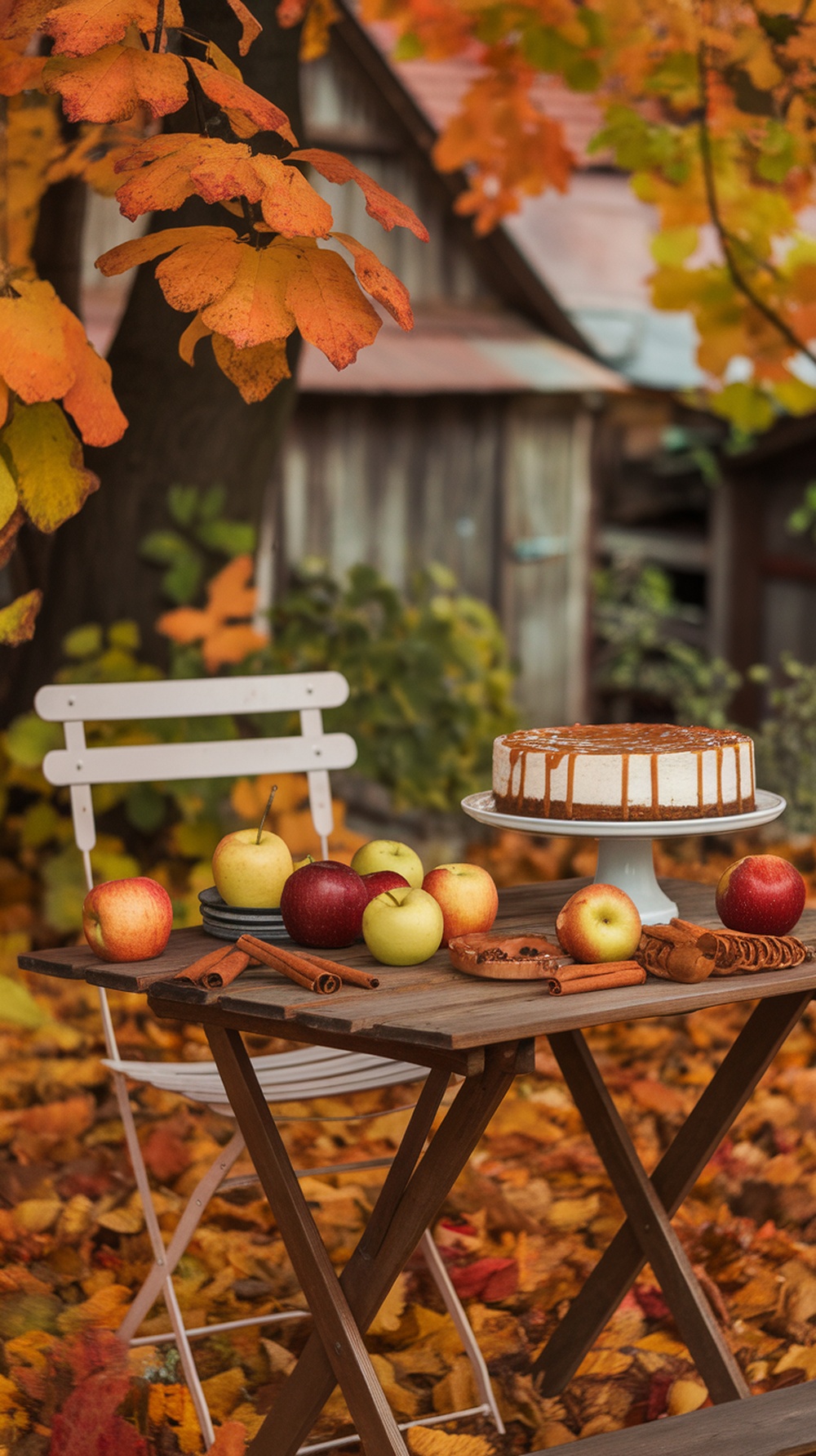 A table set with caramel apple cheesecake, fresh apples, and cinnamon sticks, surrounded by autumn leaves.