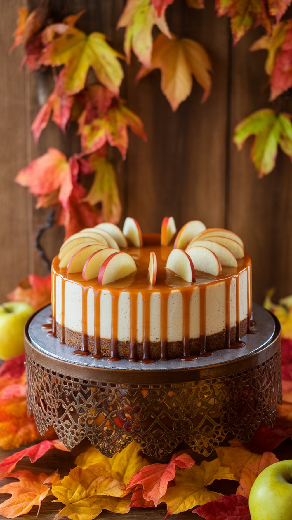 A beautifully presented caramel apple cheesecake on a decorative stand, surrounded by autumn leaves.
