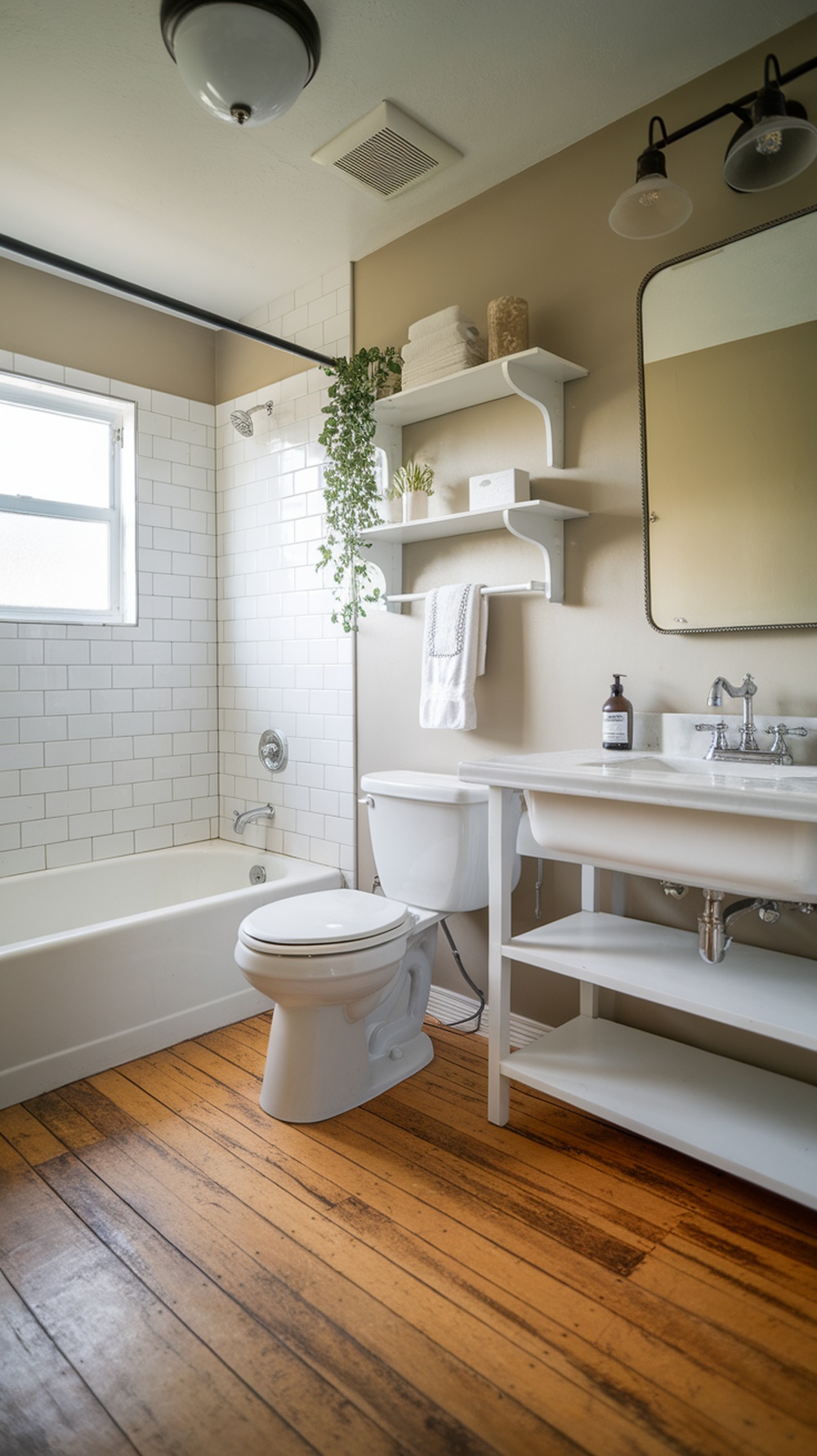 A cozy bathroom featuring wooden flooring, a bathtub, and stylish decor.