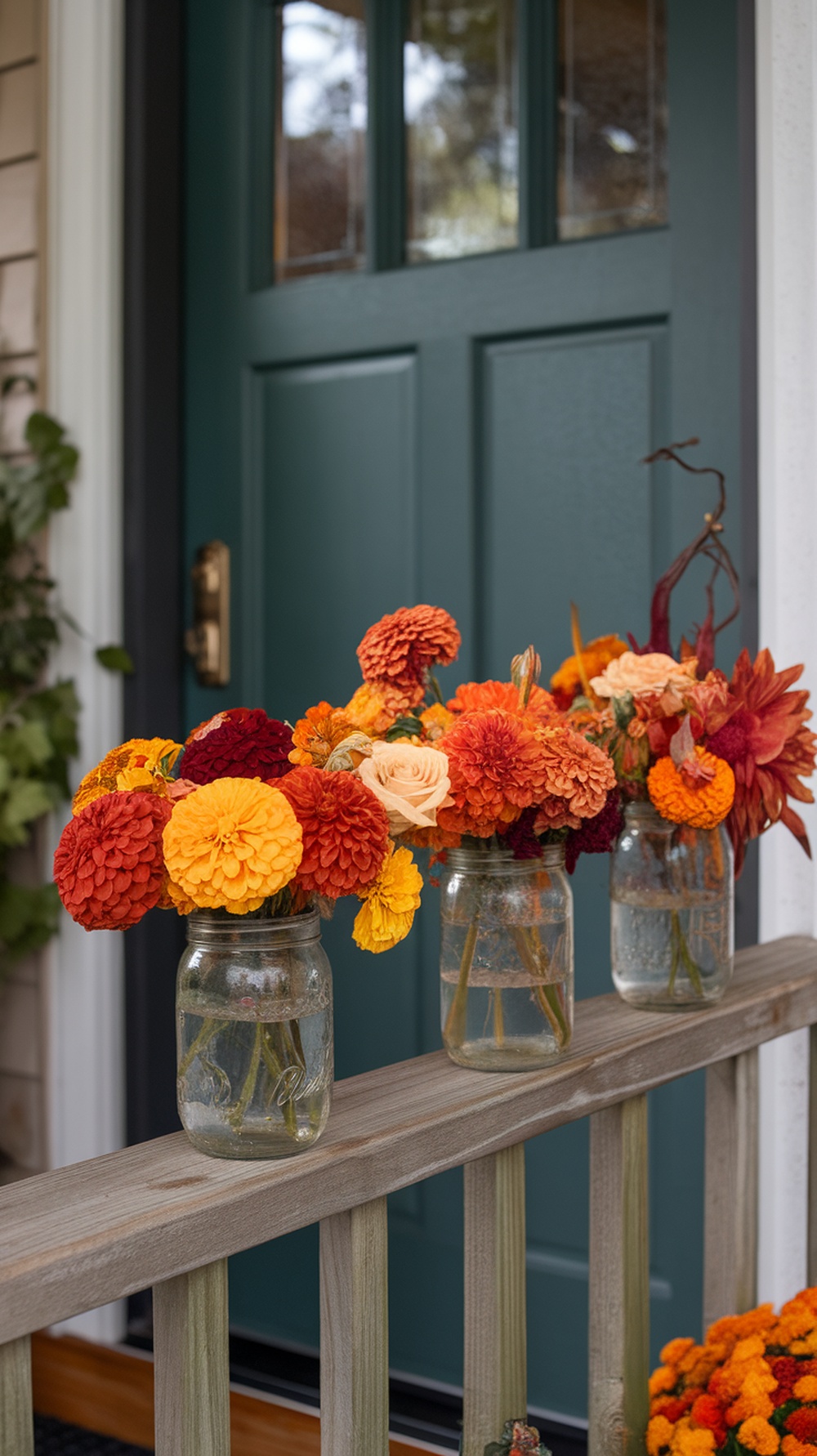 Colorful floral bouquets in mason jars displayed on a porch railing