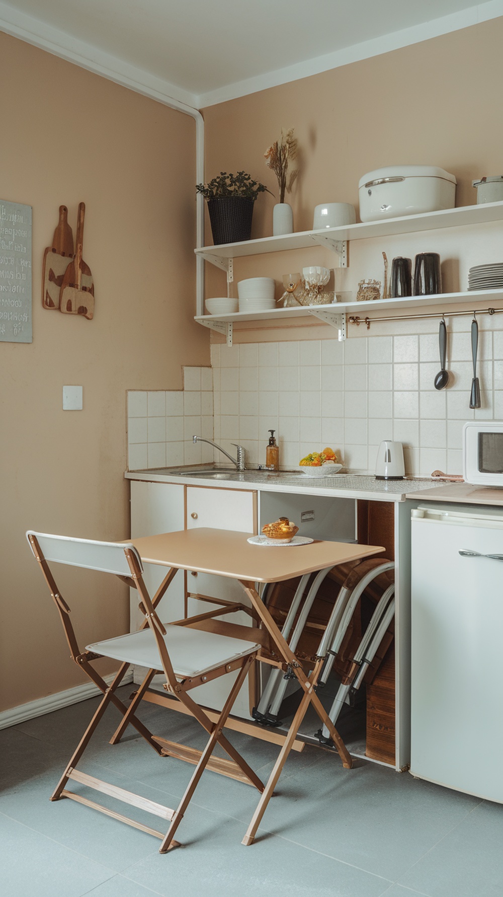 A small kitchen featuring a foldable table and chairs, showcasing efficient use of space.
