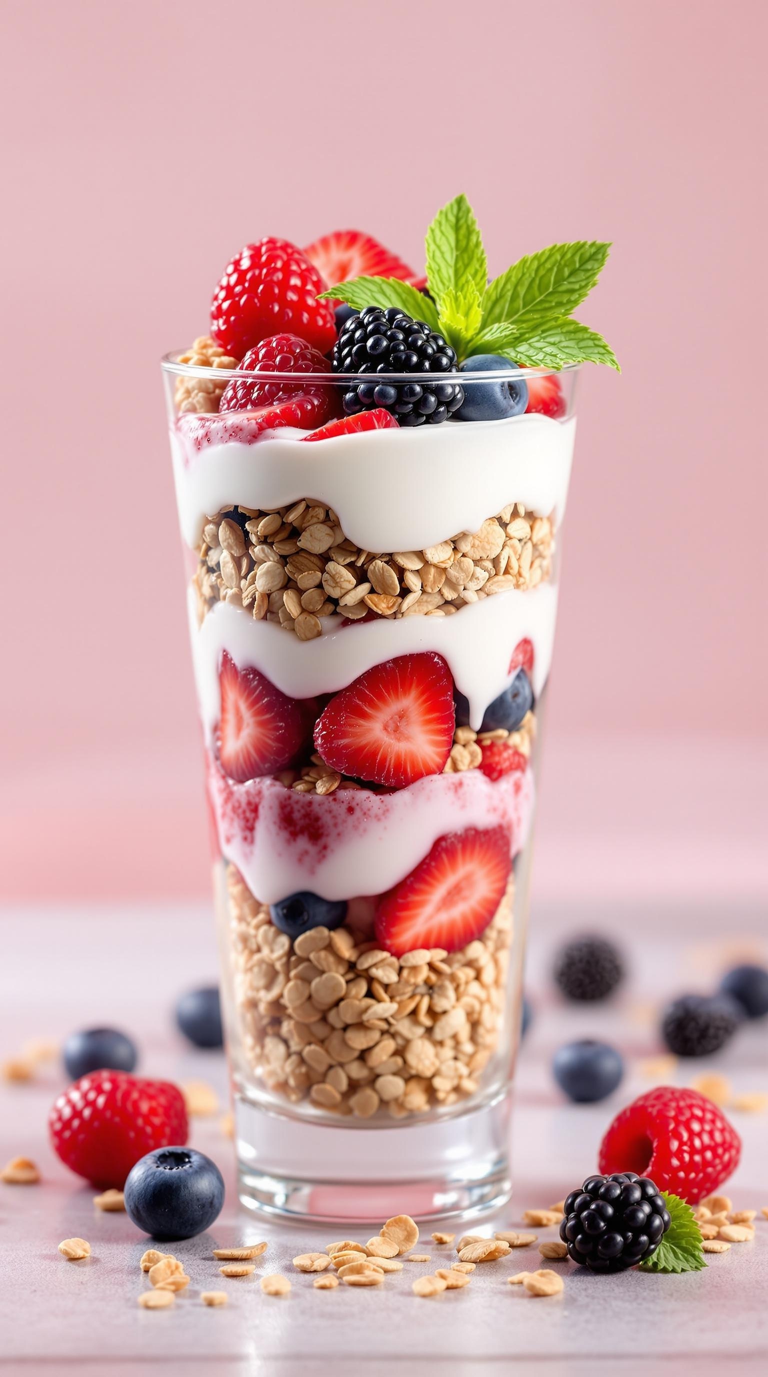 A colorful fruit and yogurt parfait with layers of yogurt, granola, and fresh berries in a glass.