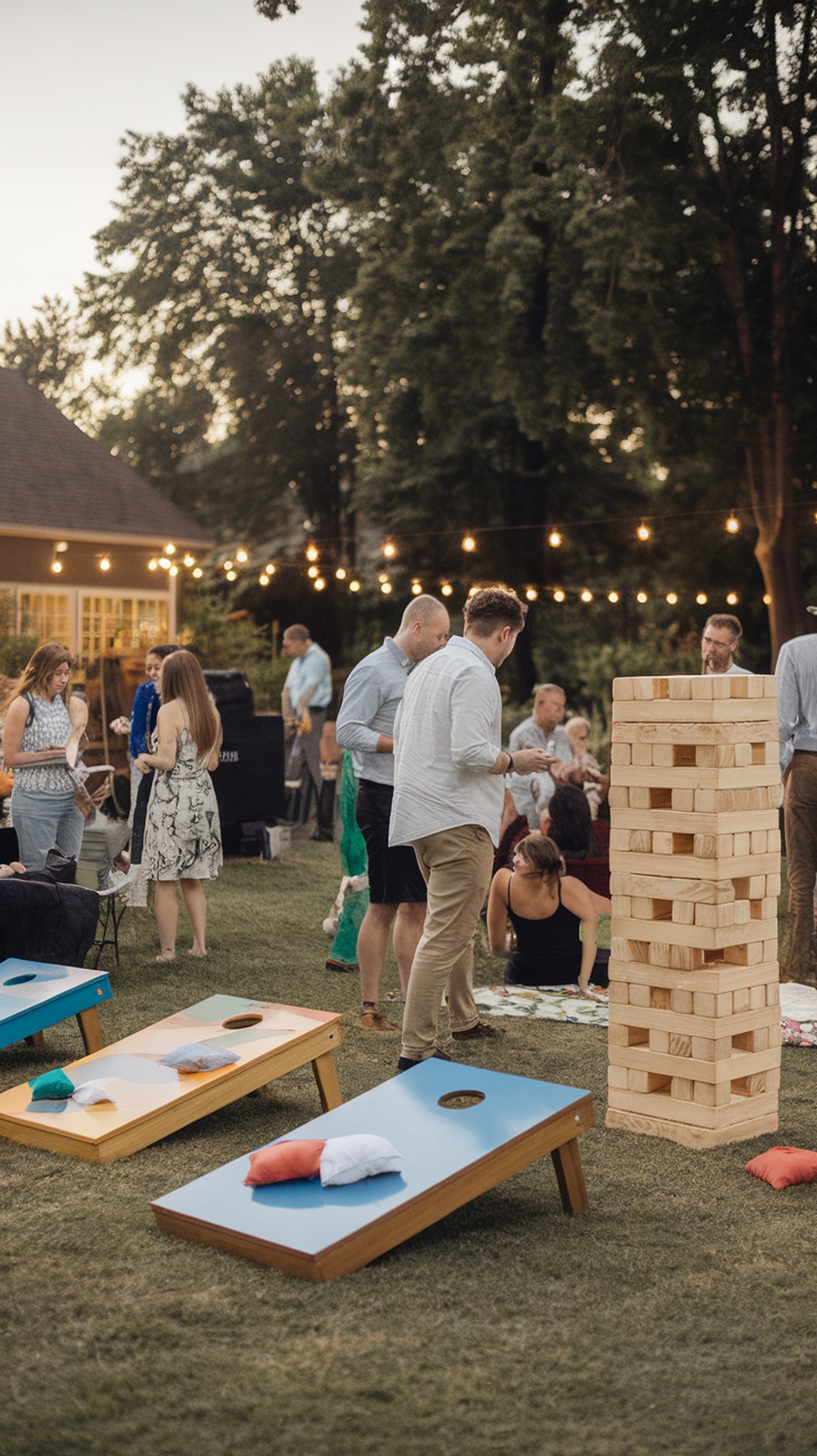 A backyard party setup with guests playing games like giant Jenga and cornhole, surrounded by string lights.