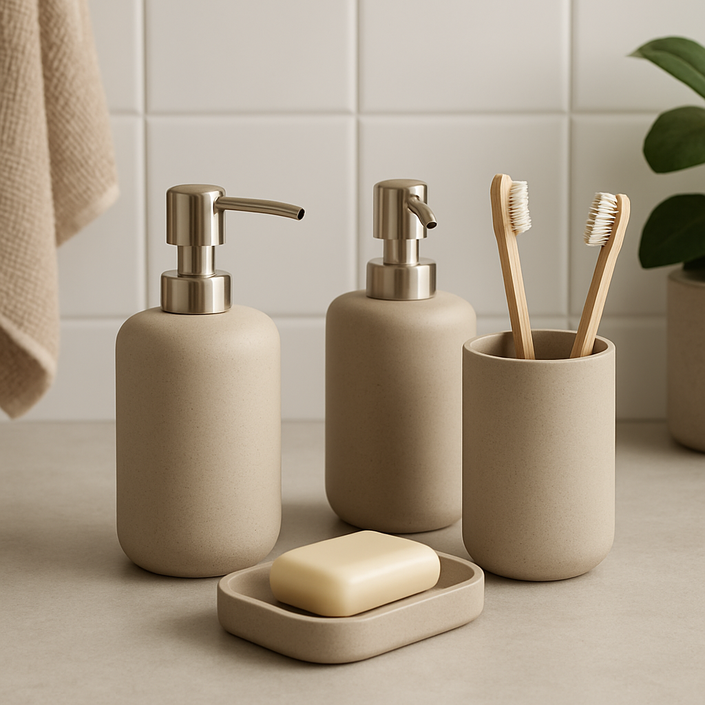 A modern bathroom sink area with functional accessories including a soap dispenser, toothbrush holder, and hand dryer.