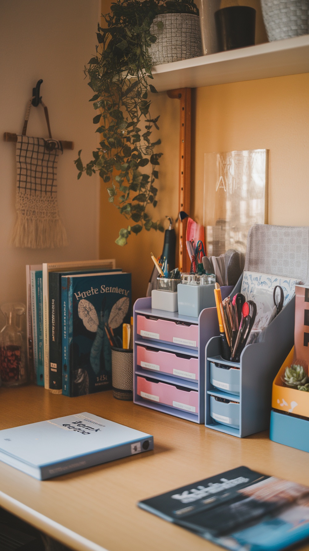 A stylish and organized desk with storage solutions, books, and plants.