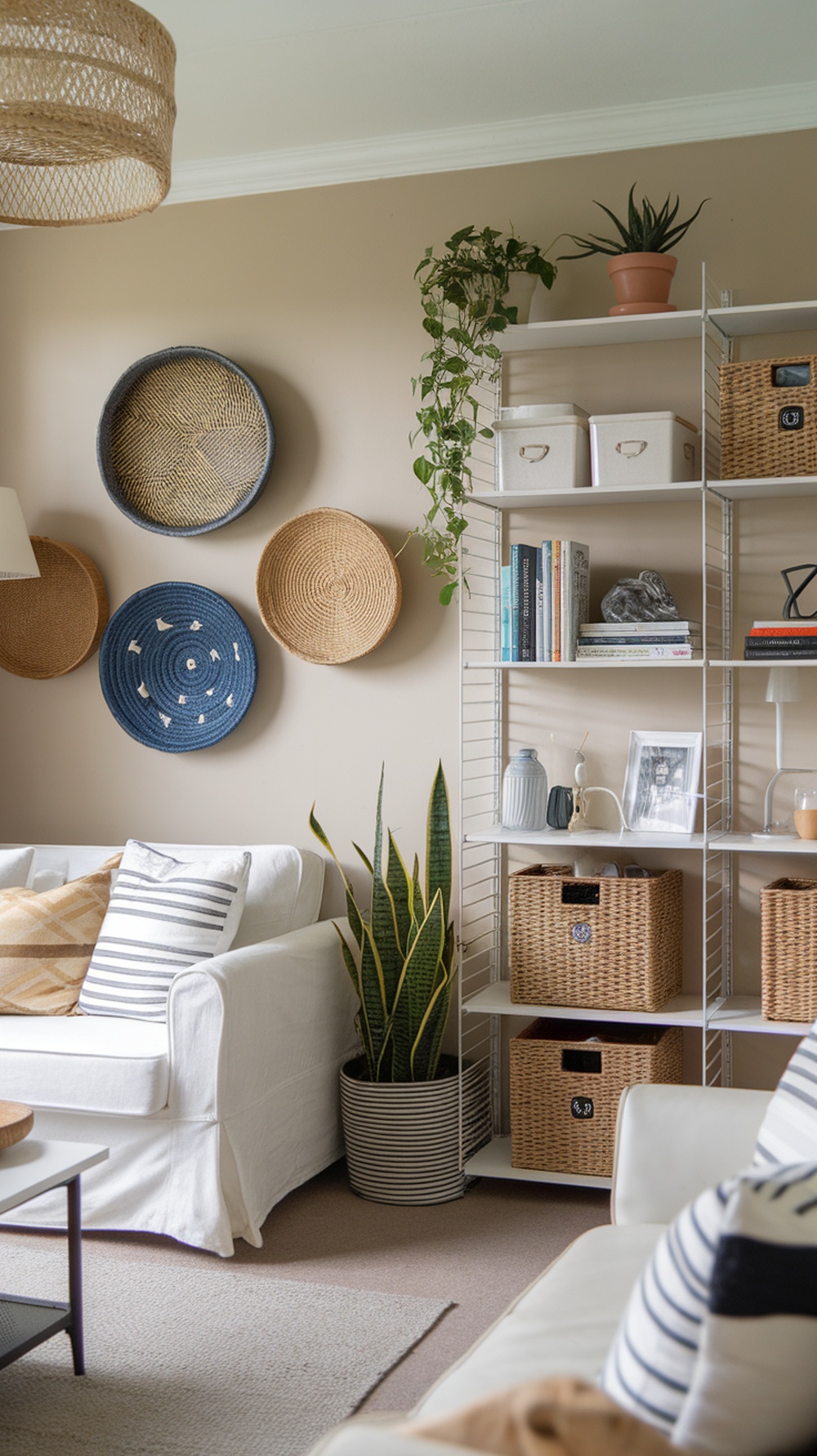 A cozy living room featuring open shelving with books and decorative items, woven baskets for storage, and plants for decoration.