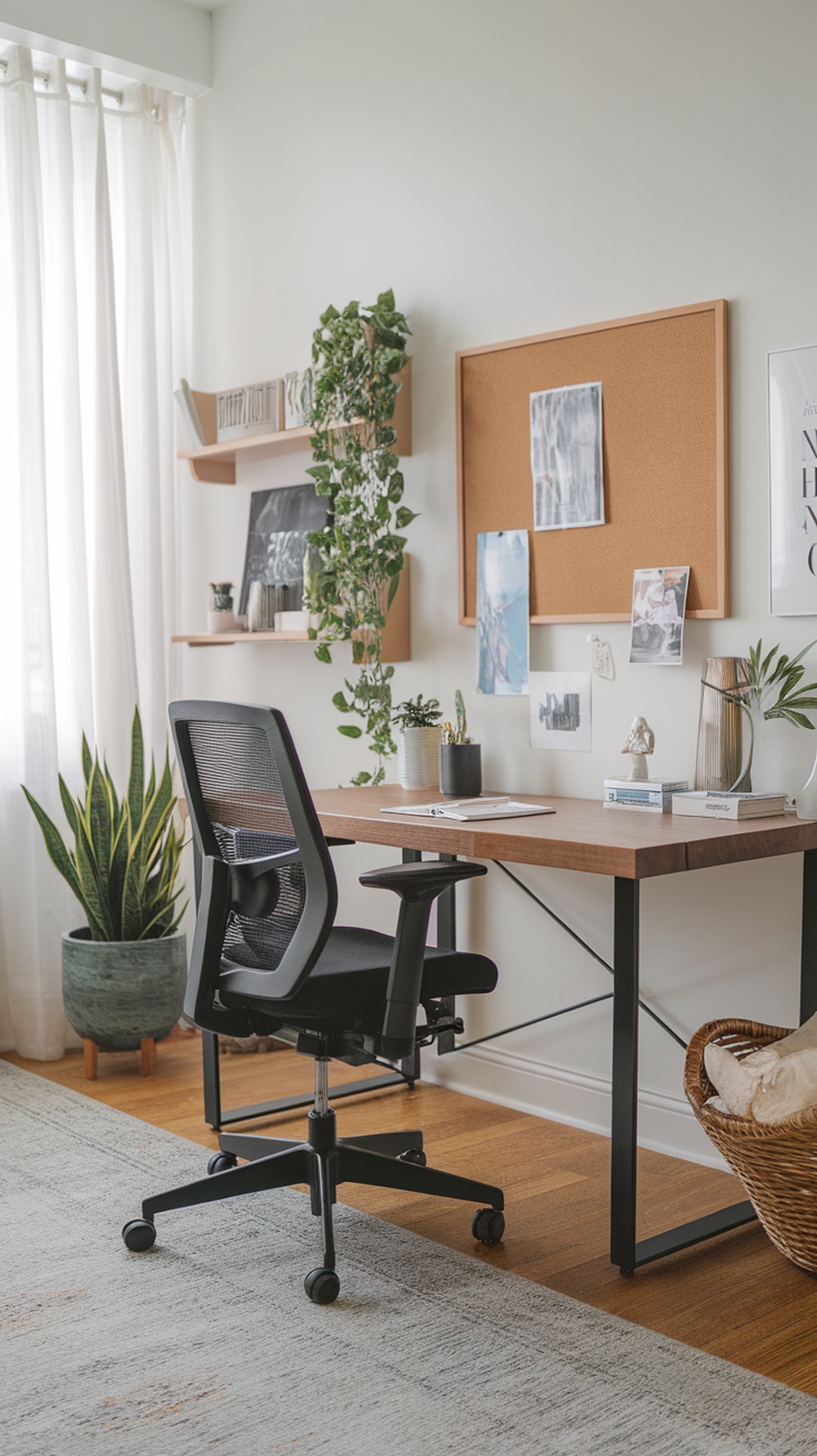 A stylish home office featuring a wooden desk, ergonomic chair, plants, and a corkboard.