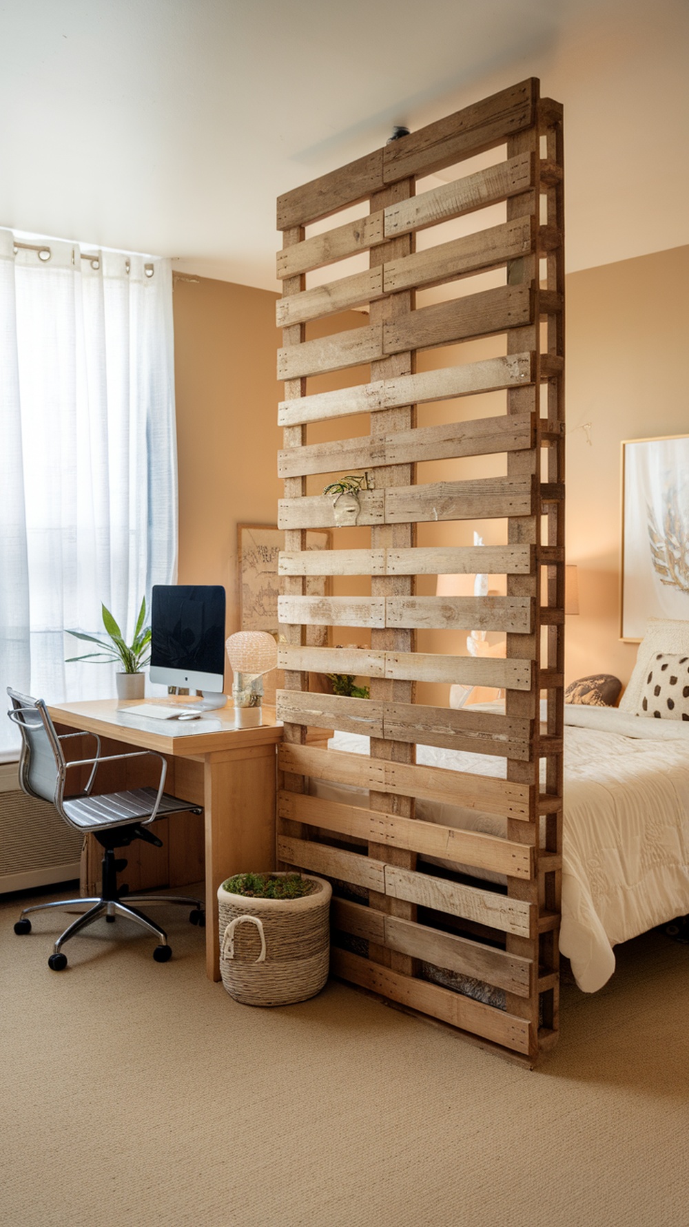 A wooden room divider made from pallets in a dorm room, separating a bed and a study area.