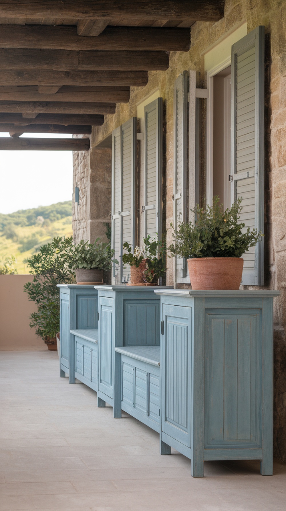 A balcony with blue storage cabinets and potted plants.