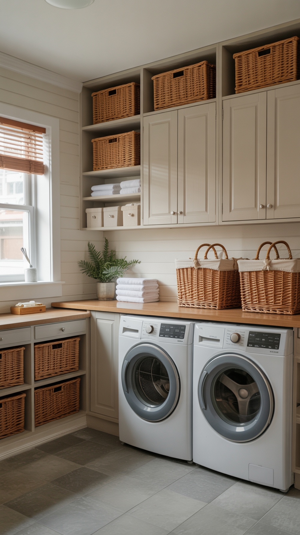 A stylish and organized laundry room with a wooden countertop, wicker baskets, and neatly stacked towels.