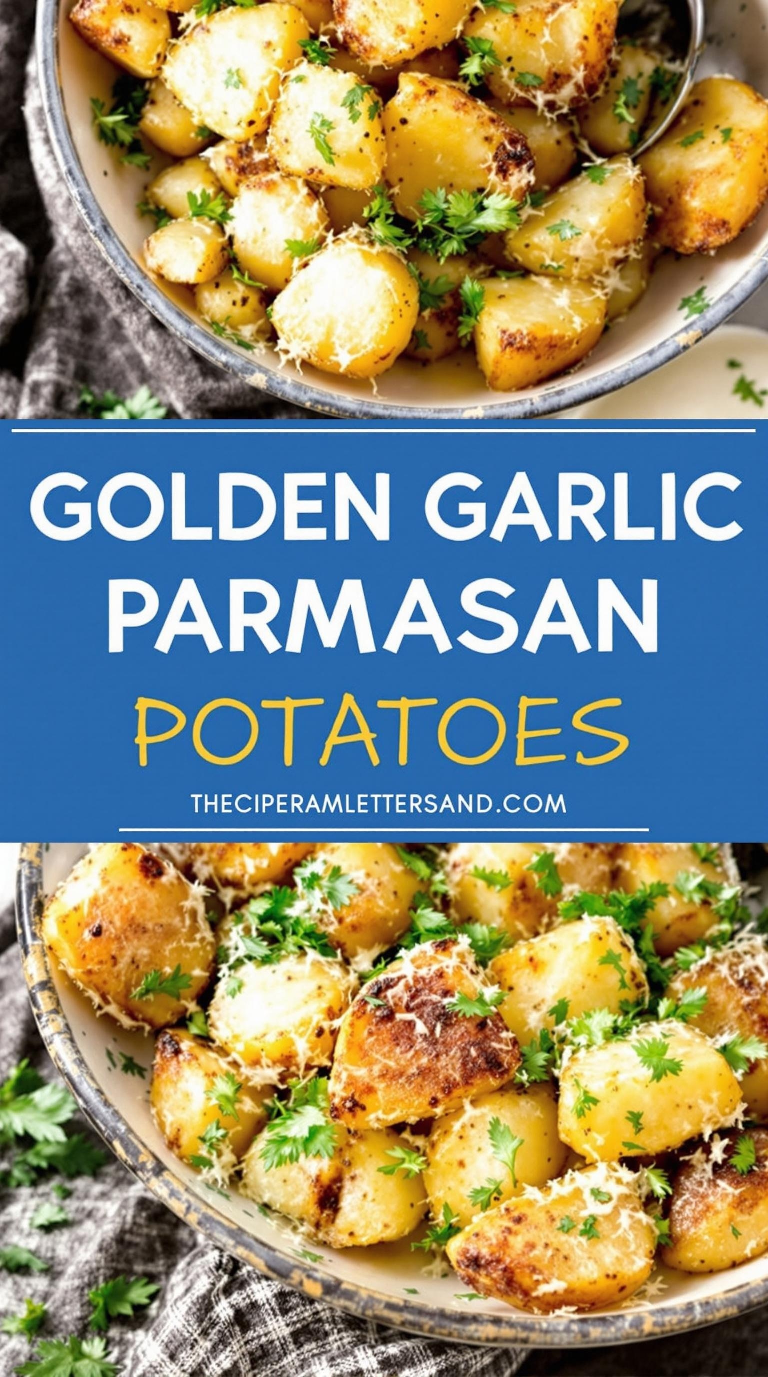 A bowl of golden garlic Parmesan roasted potatoes garnished with parsley.