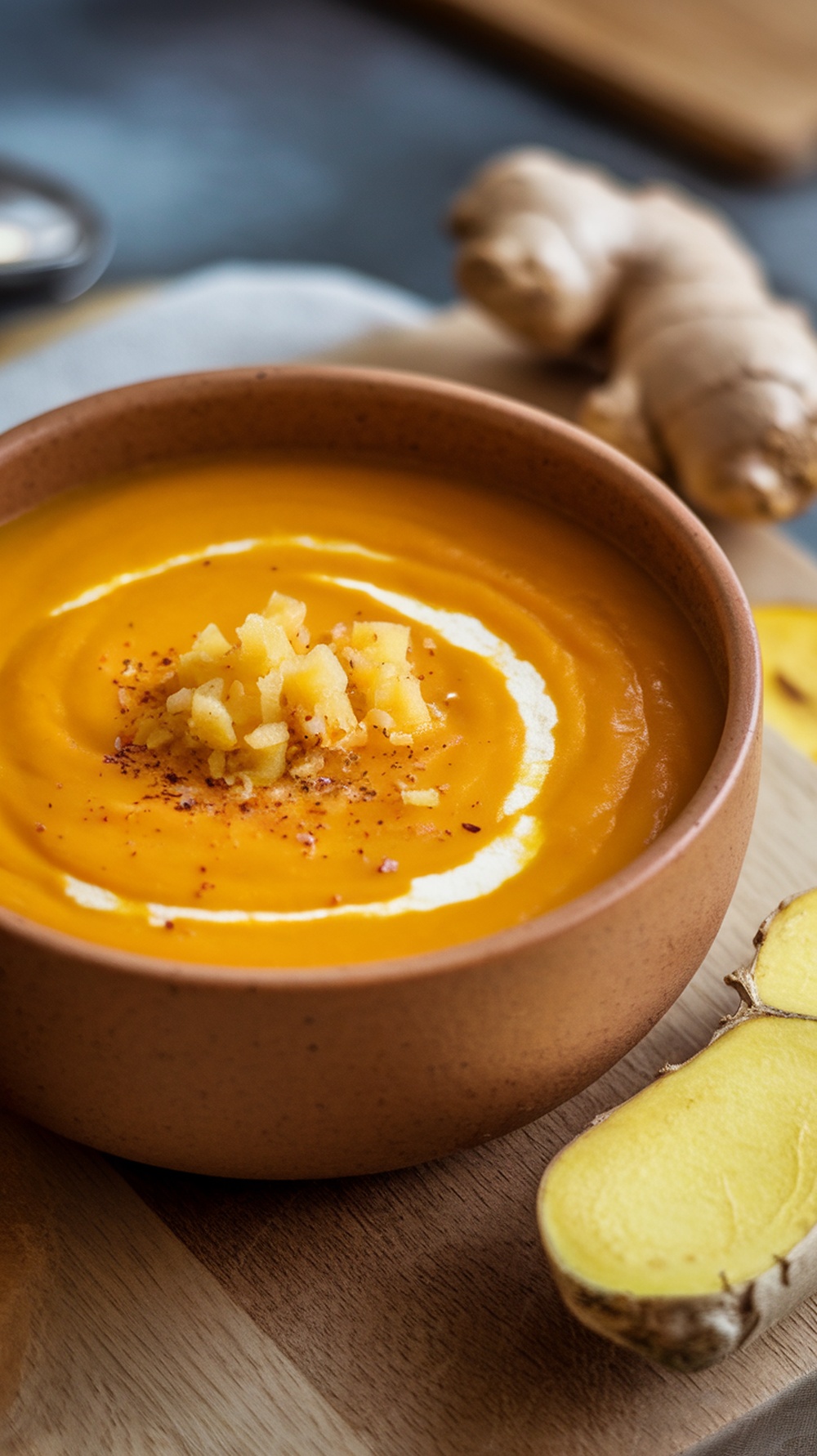 A bowl of ginger-infused butternut squash soup topped with cream and ginger pieces, with fresh ginger root beside it.
