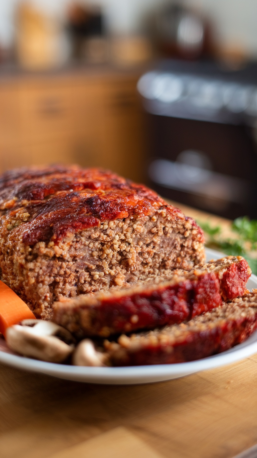 A delicious gluten-free meatloaf sliced and served with carrots and mushrooms on a plate.