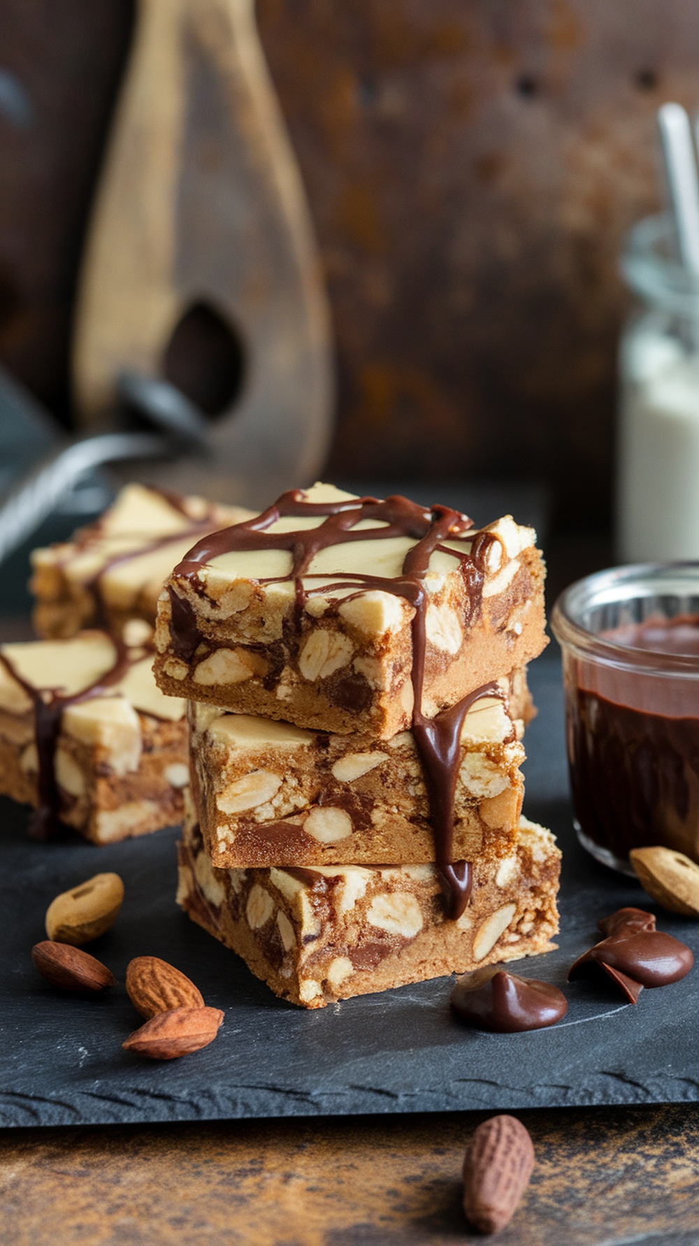 A stack of gluten-free peanut butter blondies drizzled with chocolate, surrounded by almonds and chocolate chips.