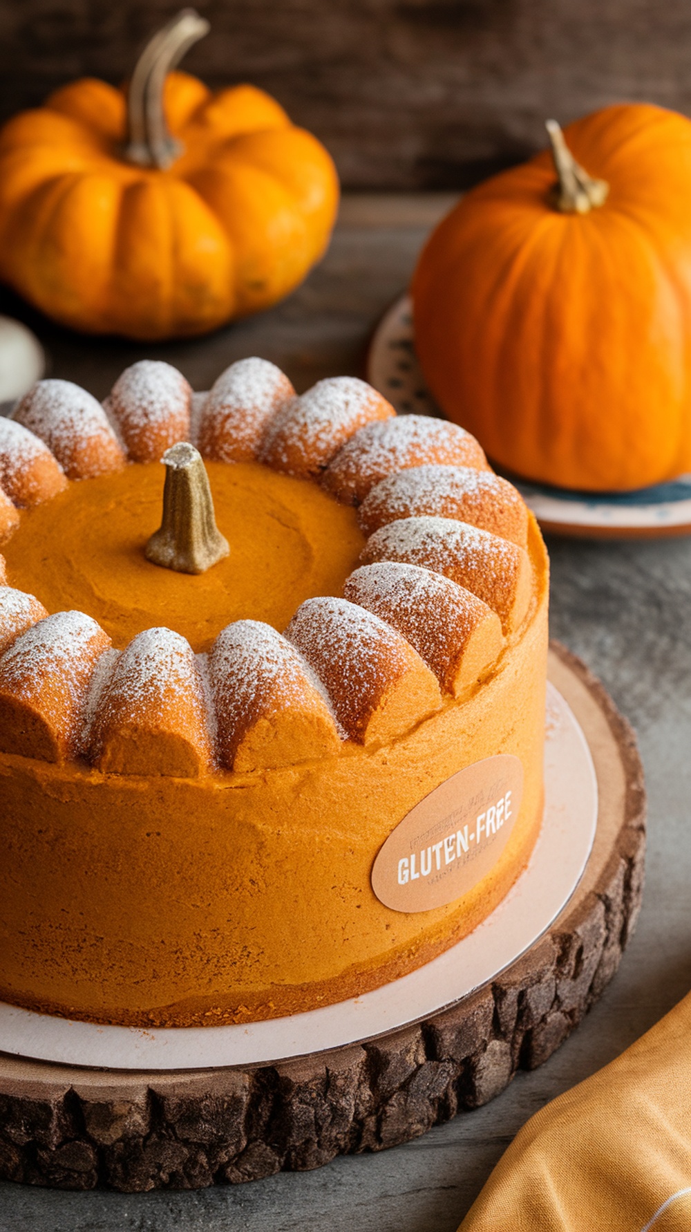 A gluten-free pumpkin spice cake with a bundt shape, dusted with powdered sugar, surrounded by pumpkins.