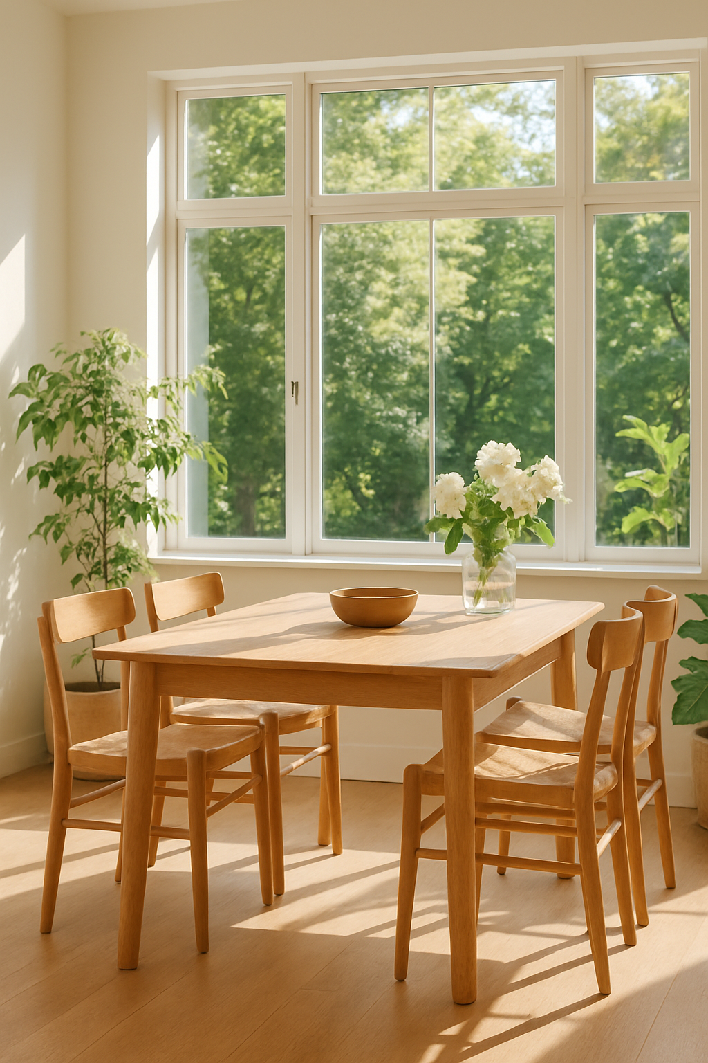 A bright dining area with a golden oak table and chairs, featuring large windows and plants.