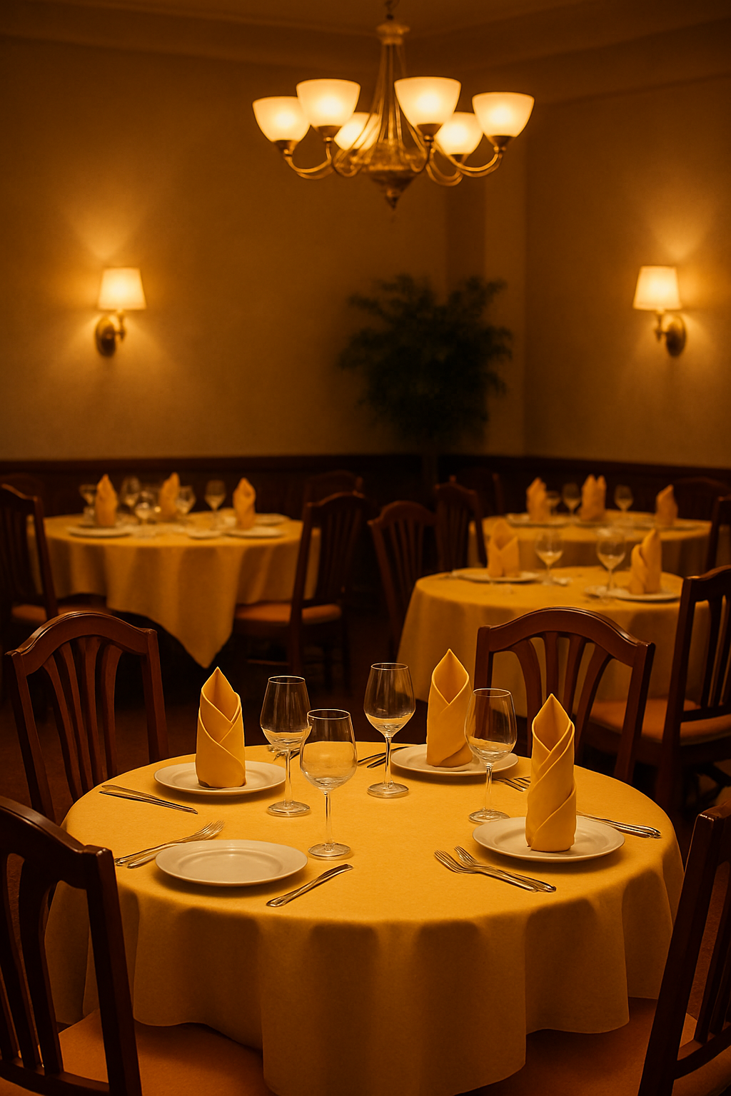 Elegant dining area with goldenrod table settings and soft lighting