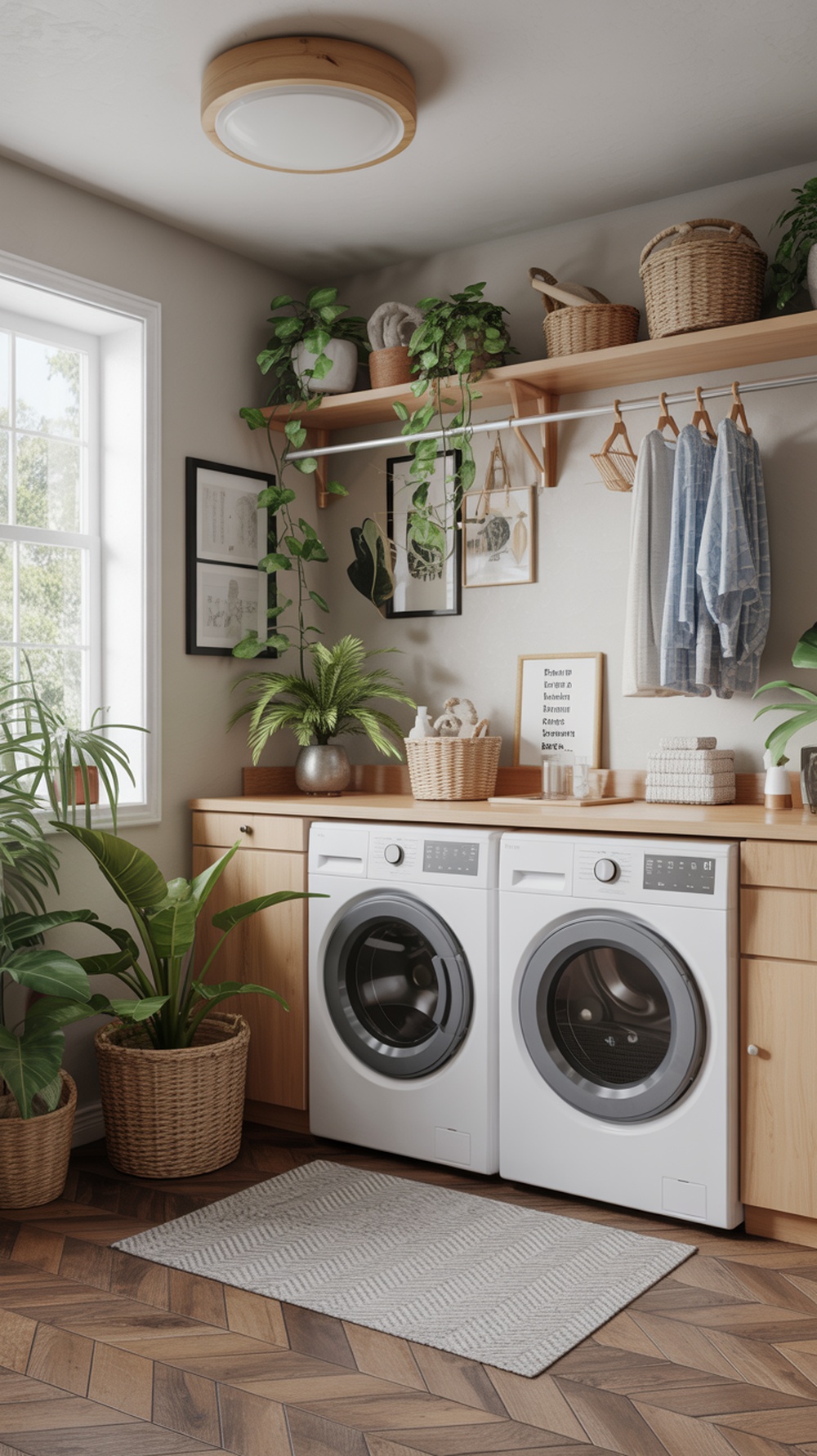 A stylish laundry room featuring white appliances, wooden shelves, and various plants.