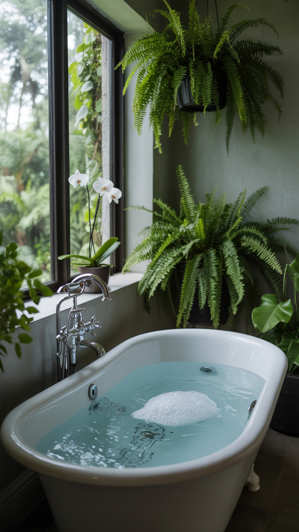 A bathroom with a shower, toilet, and a plant on a wooden shelf.