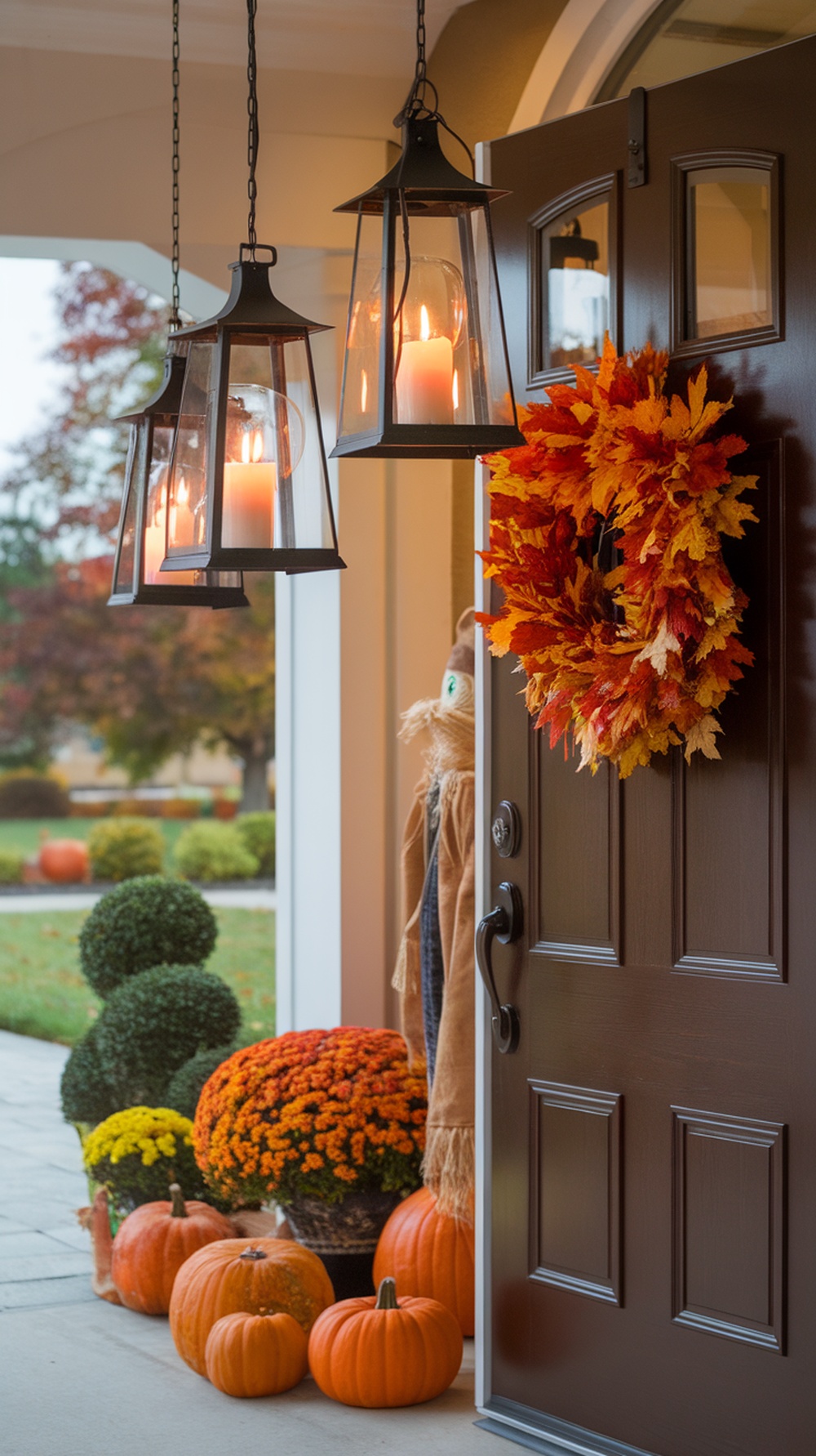 Hanging lanterns with candles by a front door decorated for fall