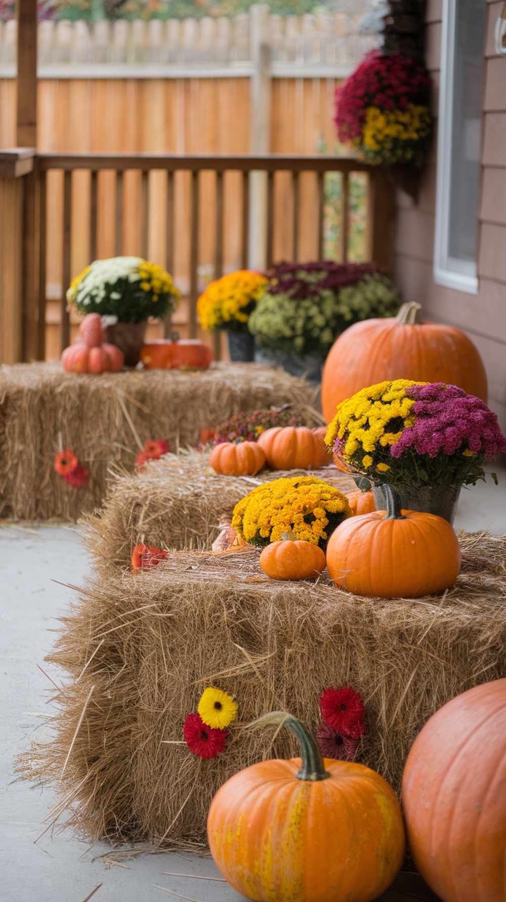A cozy fall front door decor featuring hay bales, colorful mums, and pumpkins.
