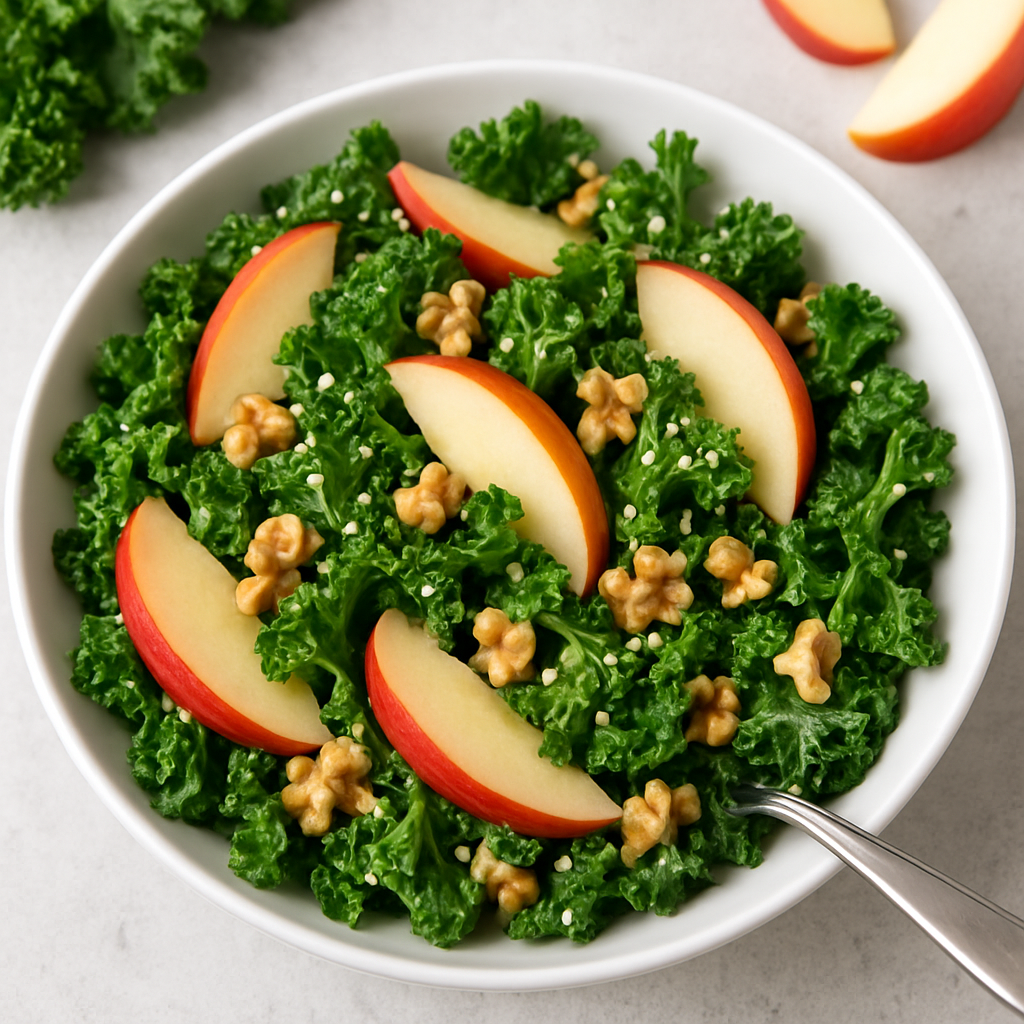 Illustration of kale and apple with health benefits listed