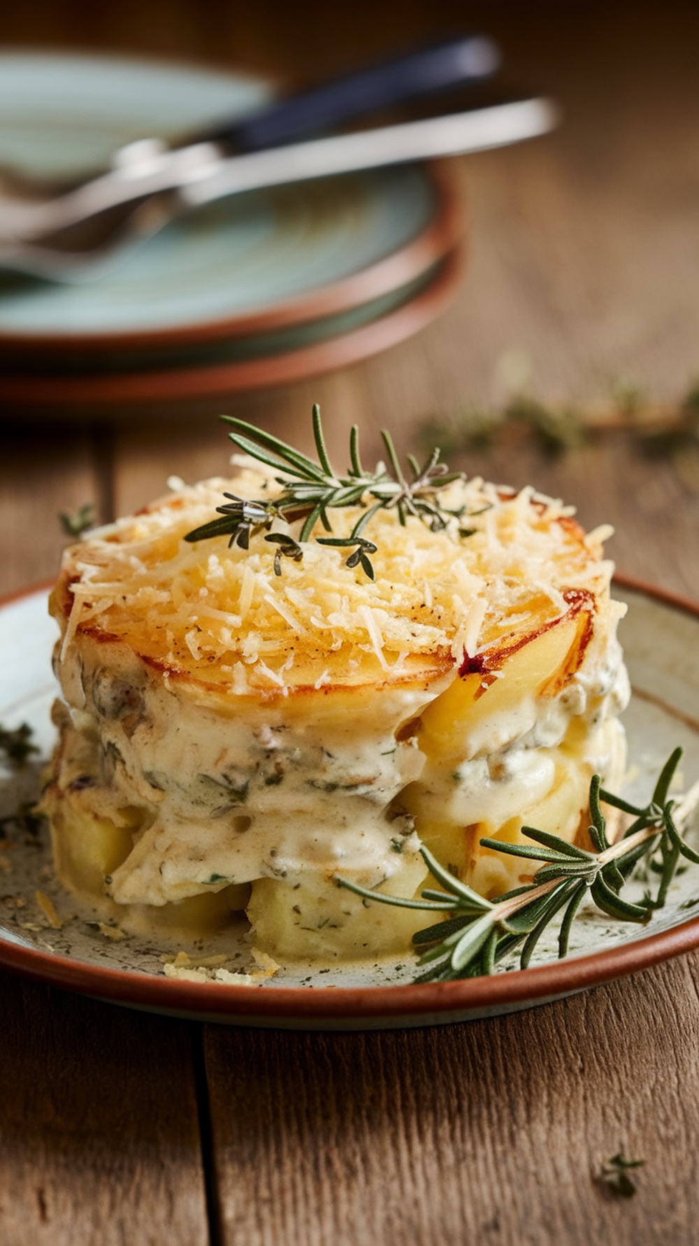 A plate of herb-infused scalloped potatoes topped with cheese and fresh herbs.